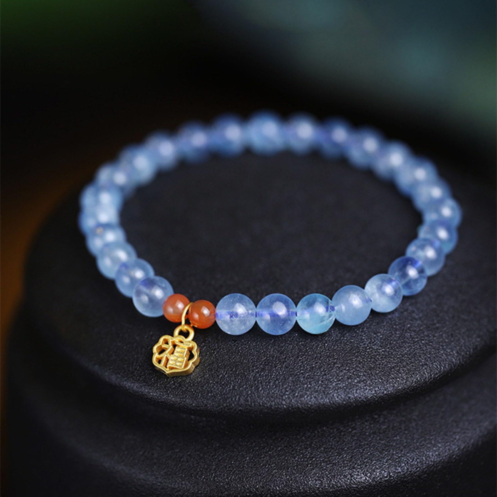 Bracciale Acquamarina e Nanhong - Gioielli con Perle di Cristallo Blu autentiche con Due Accenti di Agata Rossa per Pace e chiarezza, Elastico Elasticizzato Regolabile per Donna,6MM