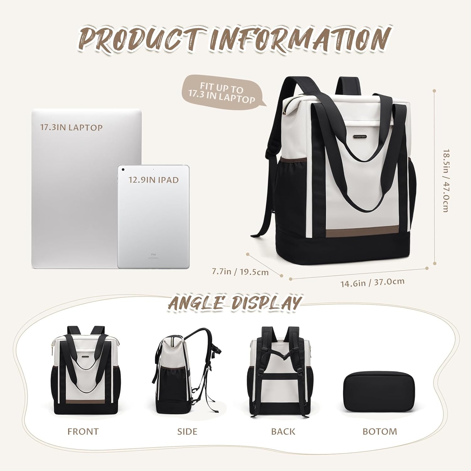 Laptop Backpack for Women,Adjustable Tote Work Business Backpack,TravelPersonal Carry On Bag,17.3Inch,WBlack - Image 4