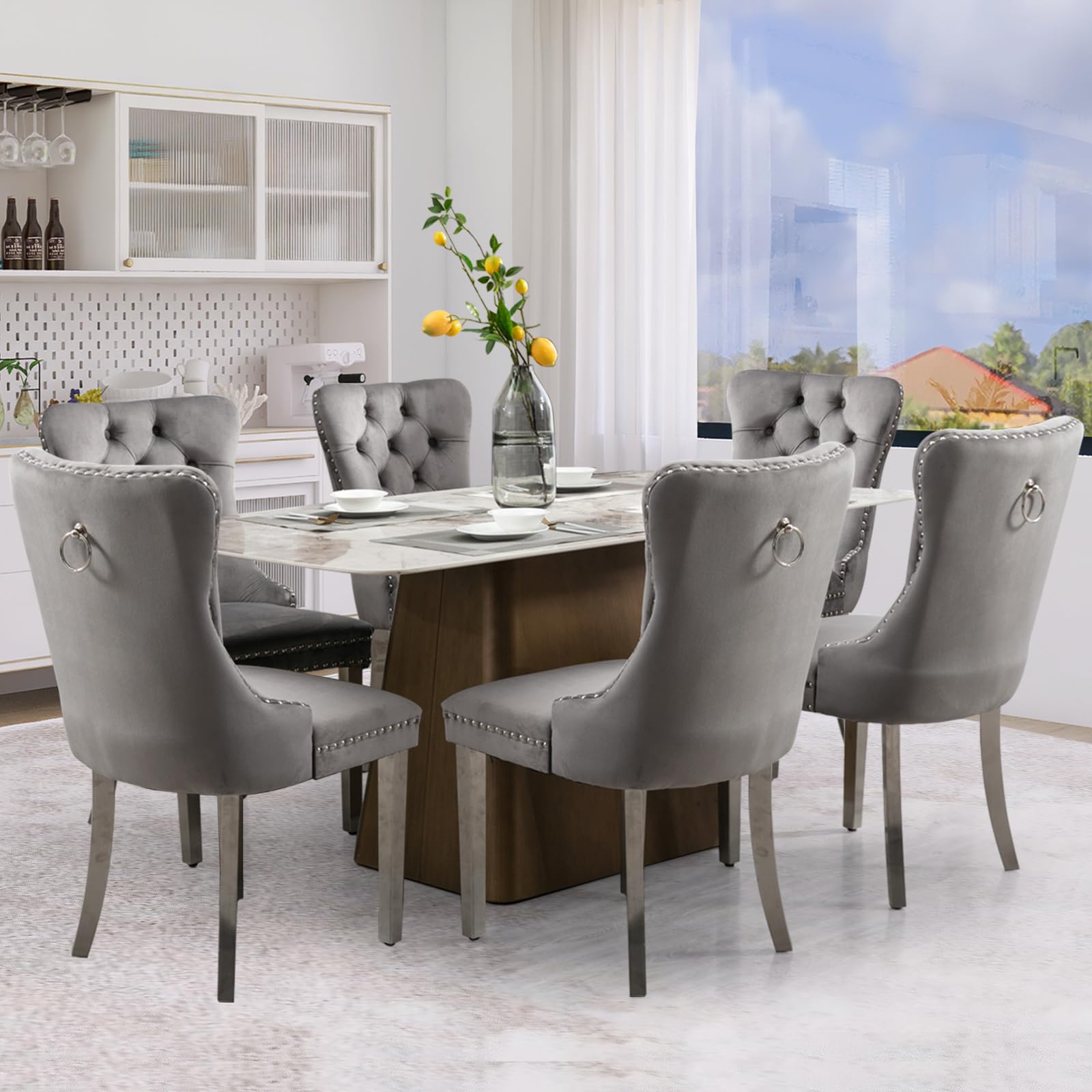 JETEAGO Velvet Dining Chair Set of 6, Upholstered Tufted Dining Room Chair with Nailhead Trim and Stainless Steel Silver Plated Leg for Kitchen, Grey