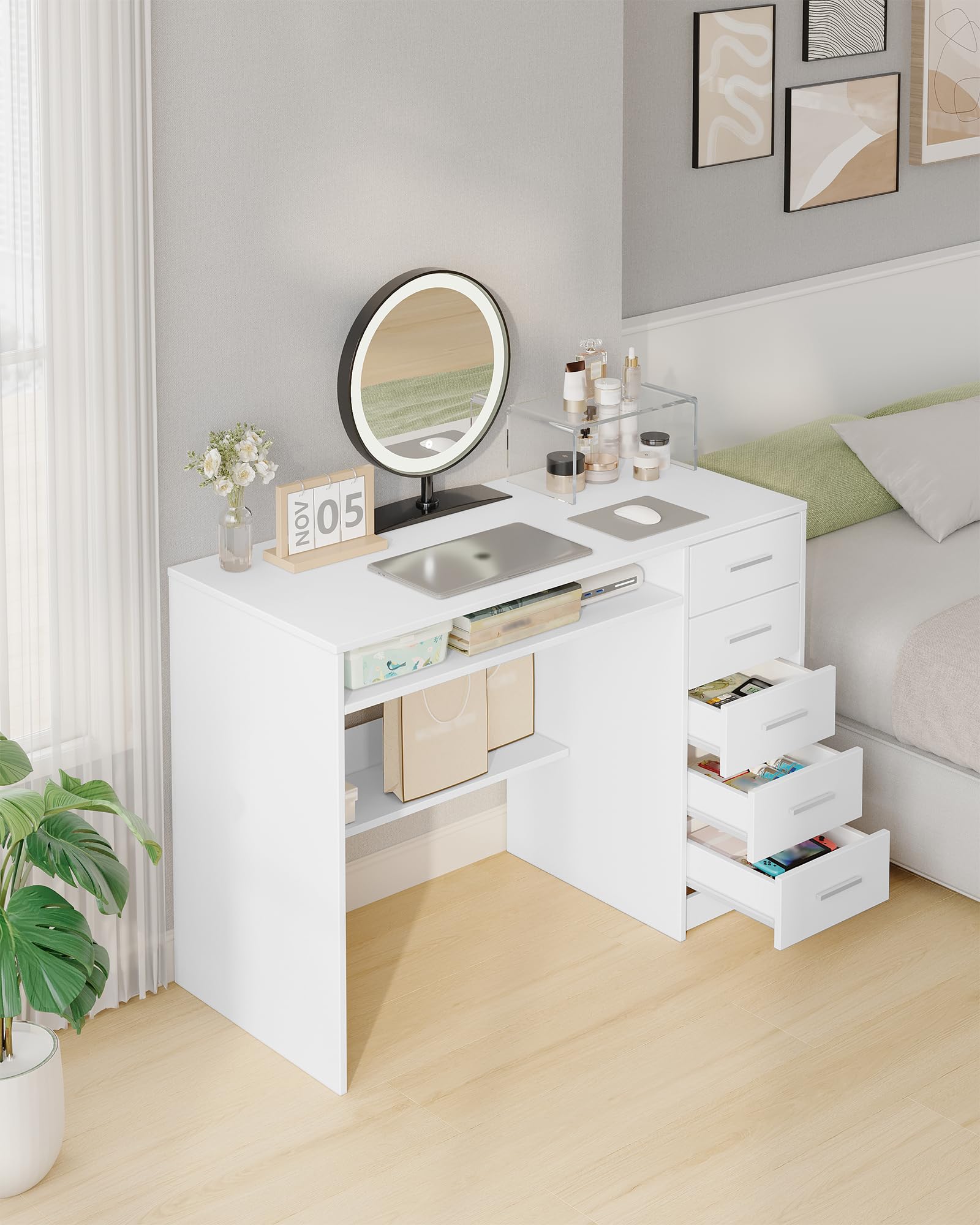 Hzuaneri Schreibtisch 108x50cm 5 Schubl. weiß | 5 Schubl,minimalistisch, stabil. Für Büro,Arbeitszimmer,Schlafzimmer. 108x50cm, weiß. Ref. CD10503X.