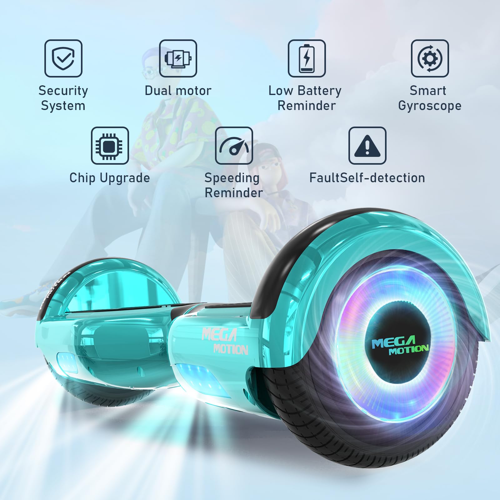 MEGA MOTION 6.5 Zoll Hoverboards mit Sitz für Kinder, Geschenk für Kinder, mit Bluetooth-Lautsprecher-leistungsstarkem Motor, mit LED-Leuchten