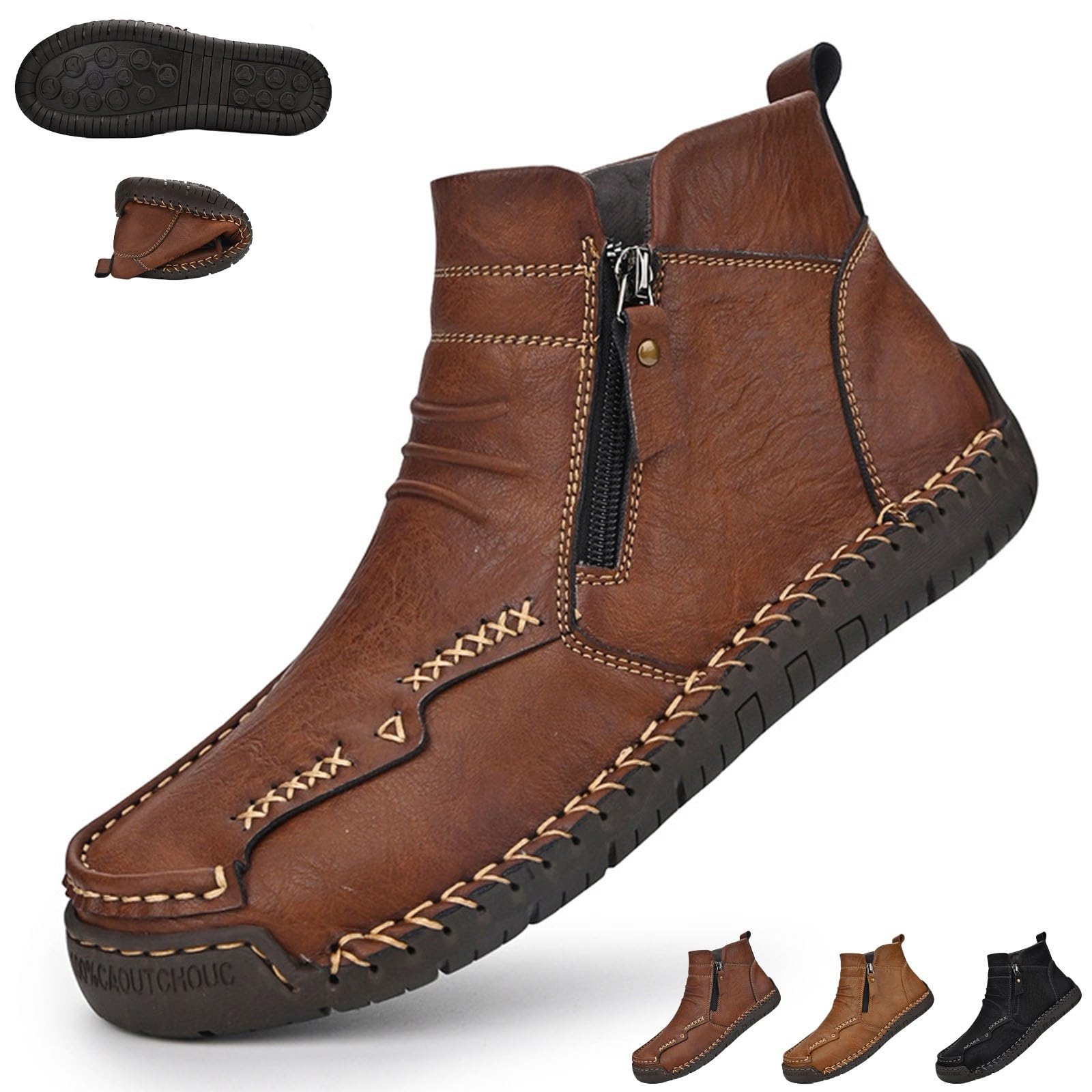 Pumio Chaussures de randonnée en Cuir Faites à la Main for Hommes | Fermeture éclair latérale, doublure polaire chaude, semelle en caoutchouc flexible, for la conduite(Dark brown,45 EU)