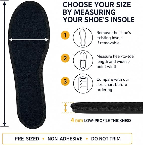 Happystep Terry Cloth Shoe Inserts & Liners (2 Pairs, Black, Men Size 8)
