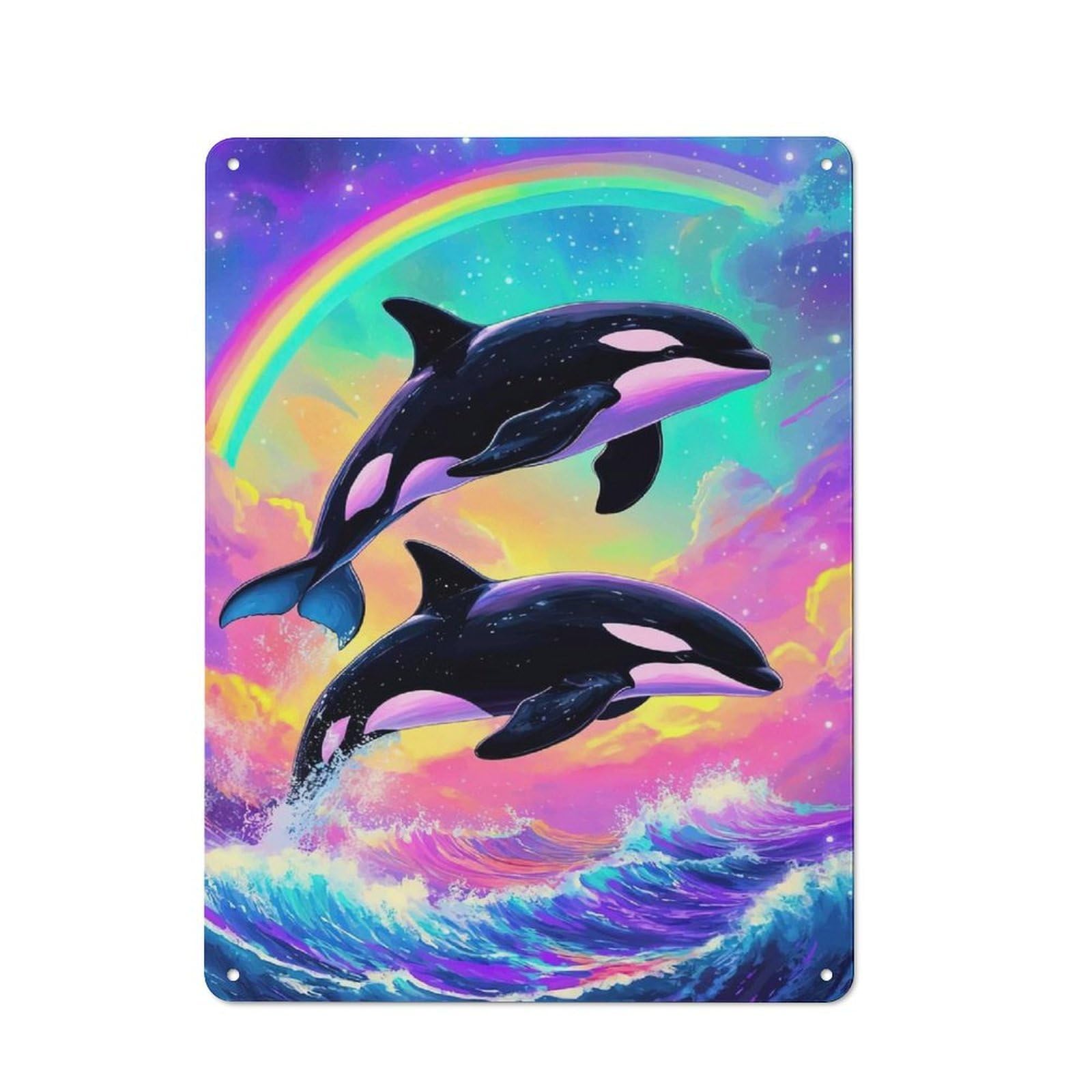 Junmoney Orcas Rainbow Watercolor 40X30cm Rustic Metal Plaque With For Café Or Restaurant, For Themed Interiors In Cafés And Restaurants