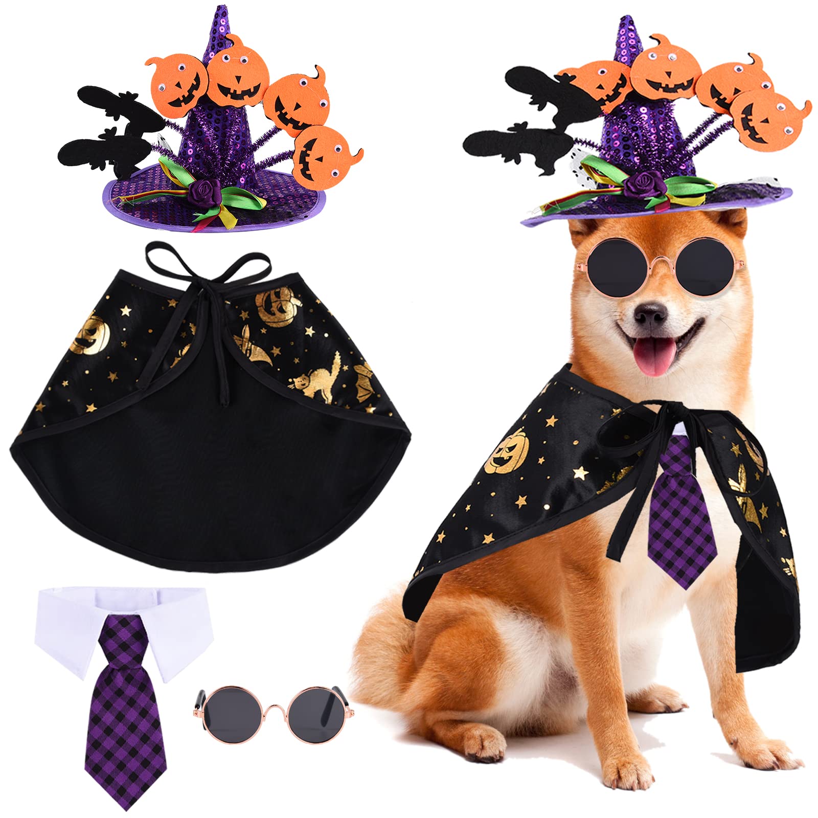 FORMIZON Disfraces de Ropa de Mascota Halloween, 4 Piezas Capa de Mascota para Halloween, Disfraz de Gato Perro Halloween, con Sombrero de Mago, Disfraces de Fiesta para Perros Gatos Pequeños Medianos