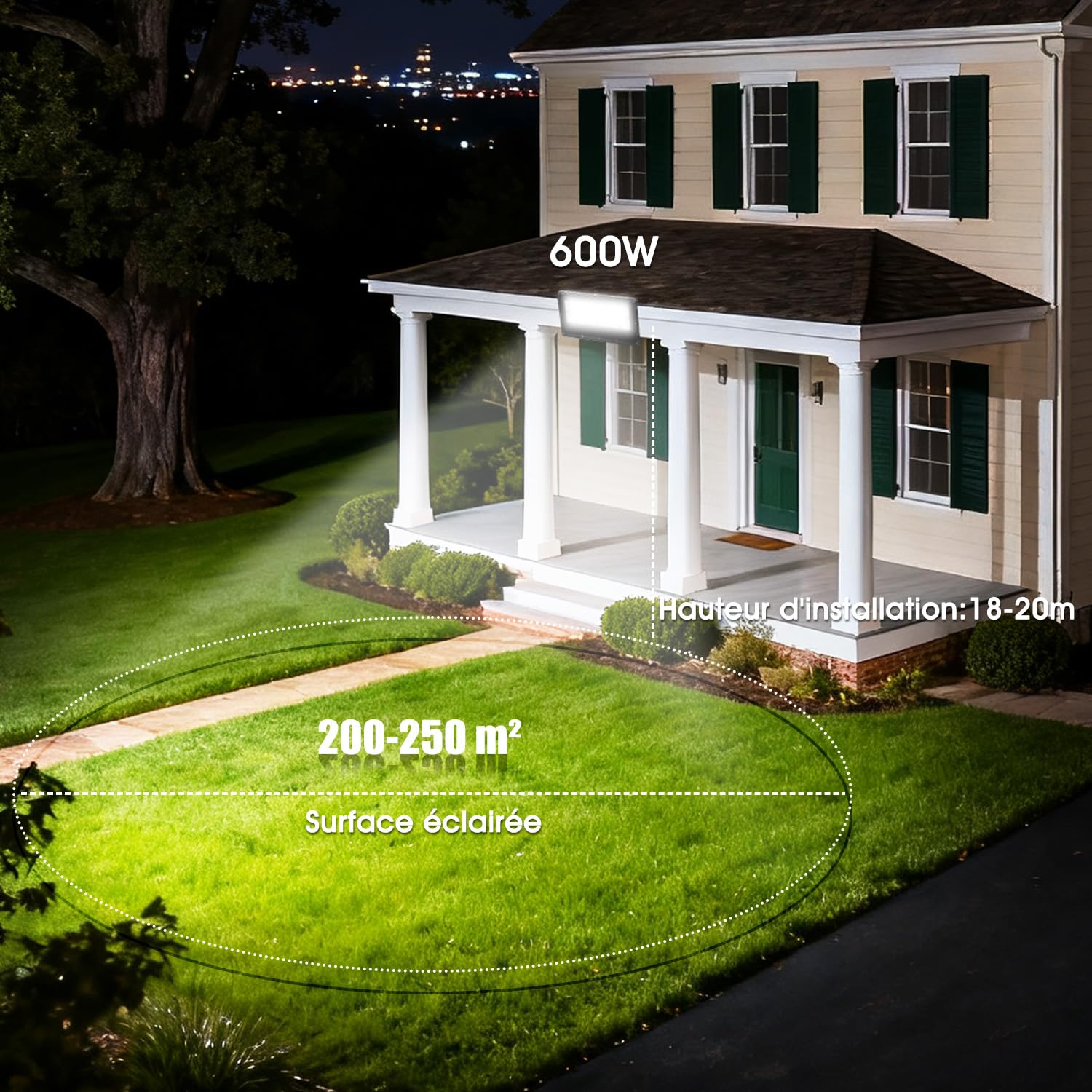 Loyal Foco LED Exterior 600W, Proyector Ultra-luminoso 6000K Blanco Frío 6000 LM - IP66 impermeable, ajustable con soporte para jardín, garaje
