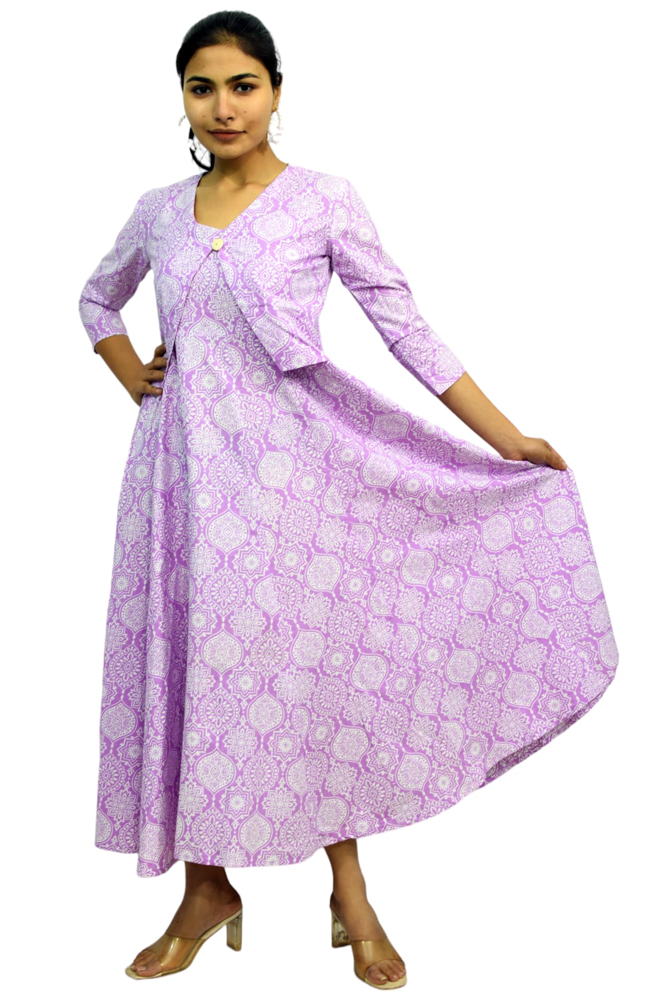 jaipur hand block Sleeveless Cotton A Line Dress|Gown with Jacket S63-picture-17