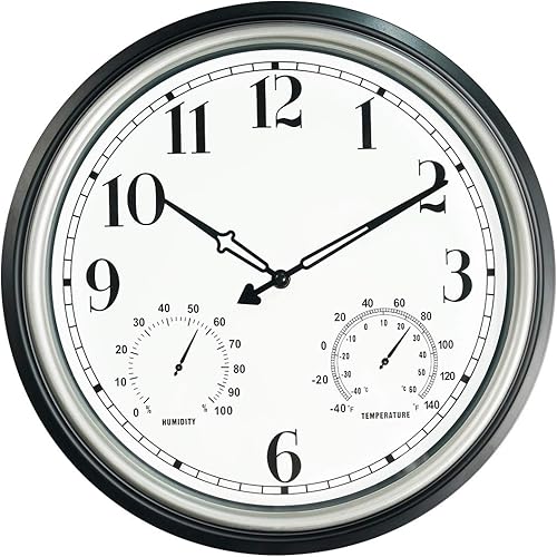 Miniatura 9 de Reloj de pared grande para interiores y exteriores de 16 pulgadas, reloj impermeable sin tictac con termómetro e higrómetro, reloj decorativo de