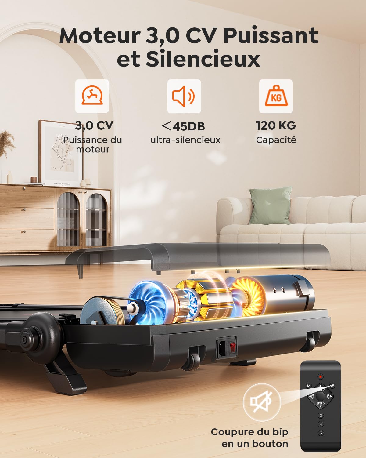 Tapis de Marche Pliable Inclinable à 7%, avec Barres de Soutien Sétractables. Tapis de Course Inclinable - Table Amovible, 1-12 km/h, Moteur Silencieux, Walking Pad Maison/Bureau (120kg Max)