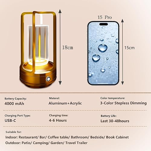 Miniatura 5 de Lámpara de mesa para exteriores, lámpara recargable de 4000 mAh, lámpara de mesa inalámbrica regulable de 3 colores para patio, campamento, mesa de