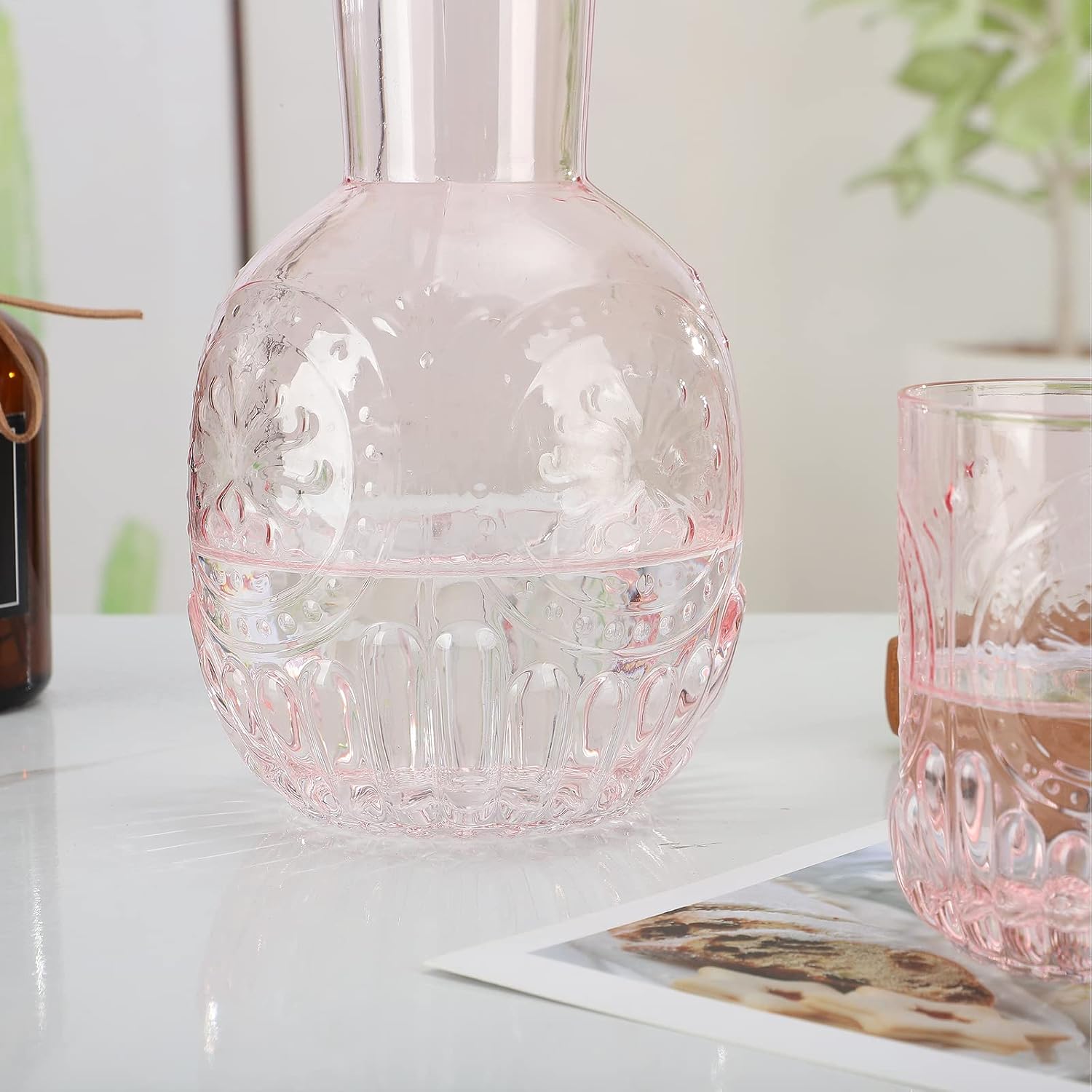 Bedside Water Carafe and Glass Set - Crystal Night Pitcher and Tumbler for Bathroom, Bedroom, Kitchen (Pink)