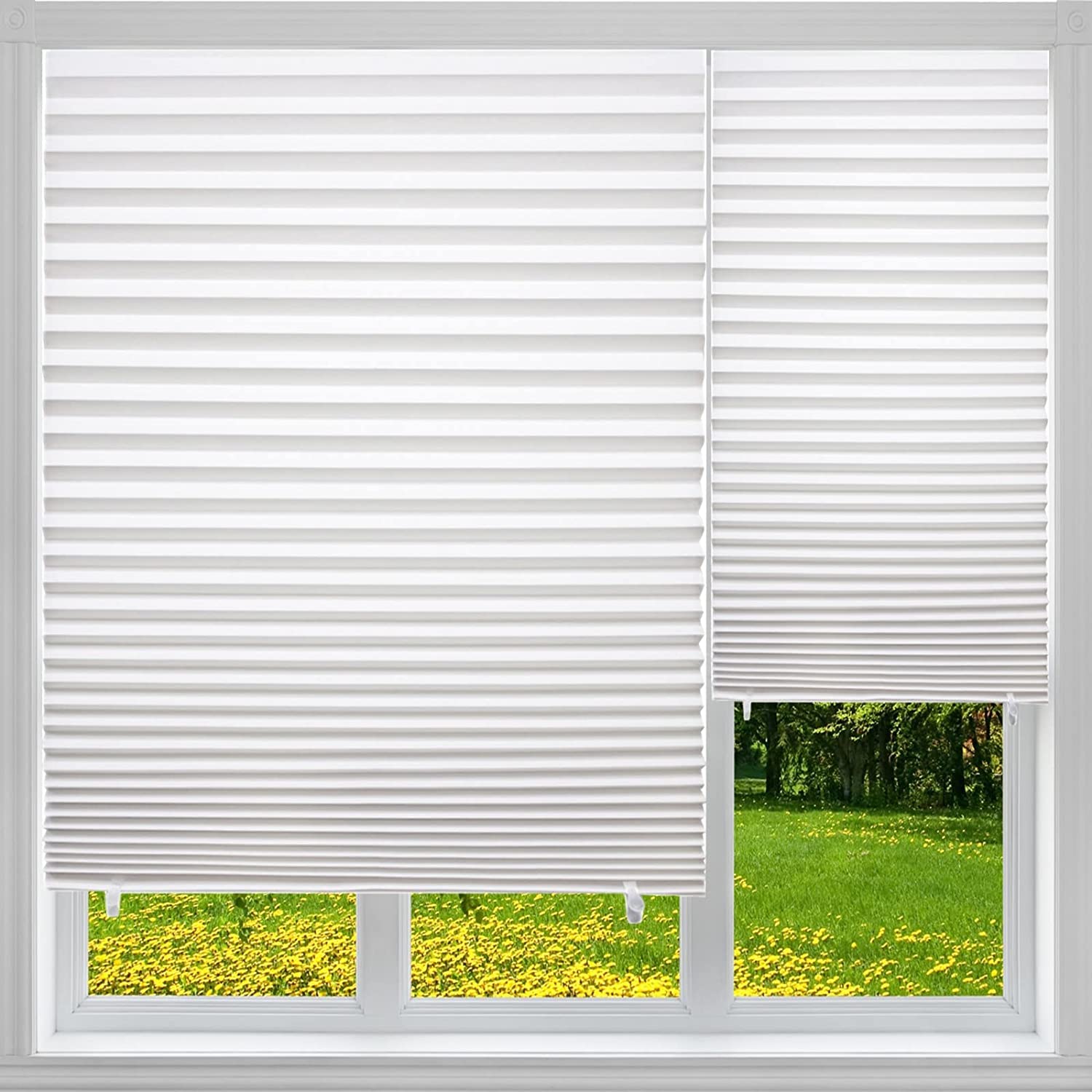 Store Plissé sans Perçage, Store Occultant Temporaire Thermo Protection Solaire pour Fenêtres, Rideau Occultant Thermiques avec 12 Clips - 6 Piece, Facile à Couper et à Installer (Blanc,90X150cm)