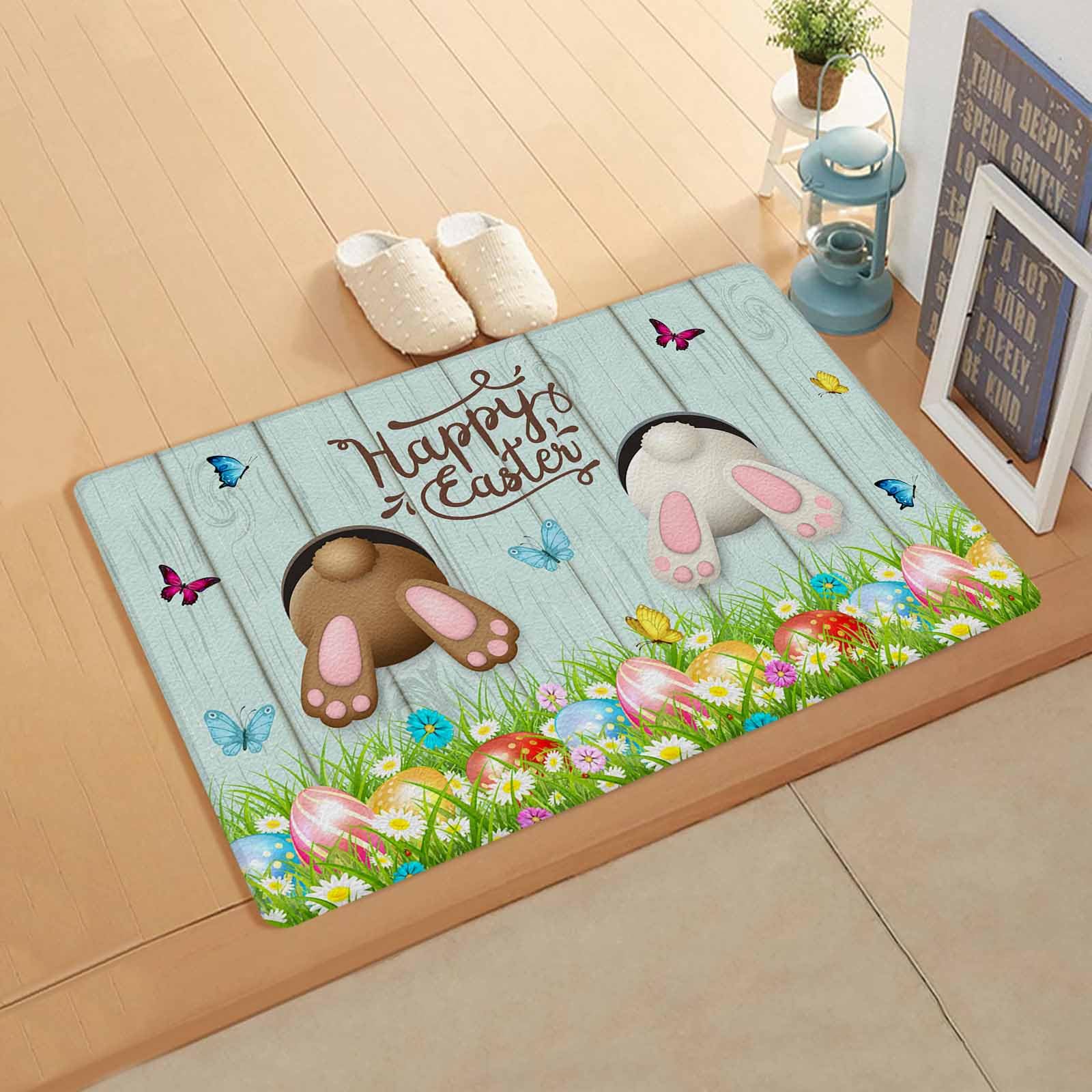 Easter Bunny Butt Kitchen Bath Door Mat Cushioned Runner Rug,Washable Welcome Floor Sink Antifatigue Mat,Waterproof & Non-Slip Comfort Standing Doormat,Easter Egg Daisy Aqua Wood Grain 18