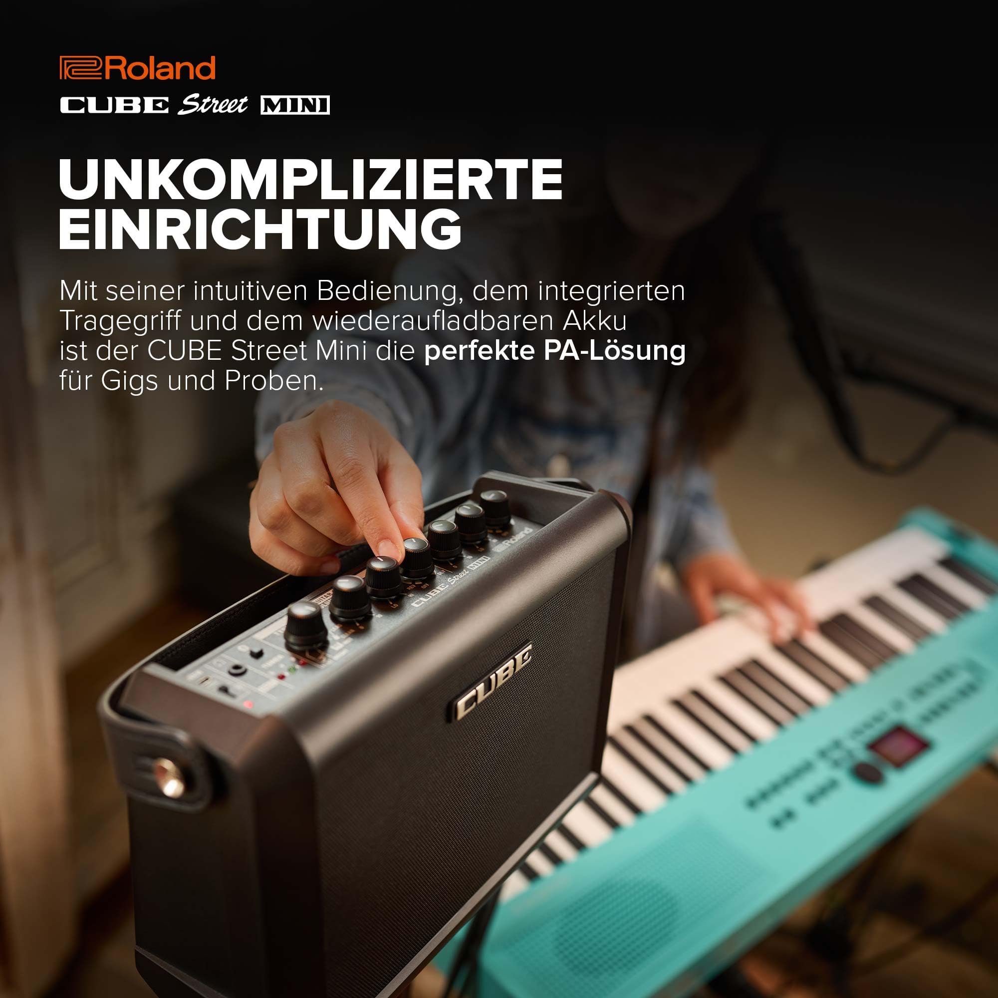 Roland Cube Street Mini | Ultrakompakter Verstärker | Hervorragender Sound | Ideal für kleine Events | Anschluss von Mikrofonen, Instrumenten & mehr | Bis zu 7 Stunden Batterielaufzeit