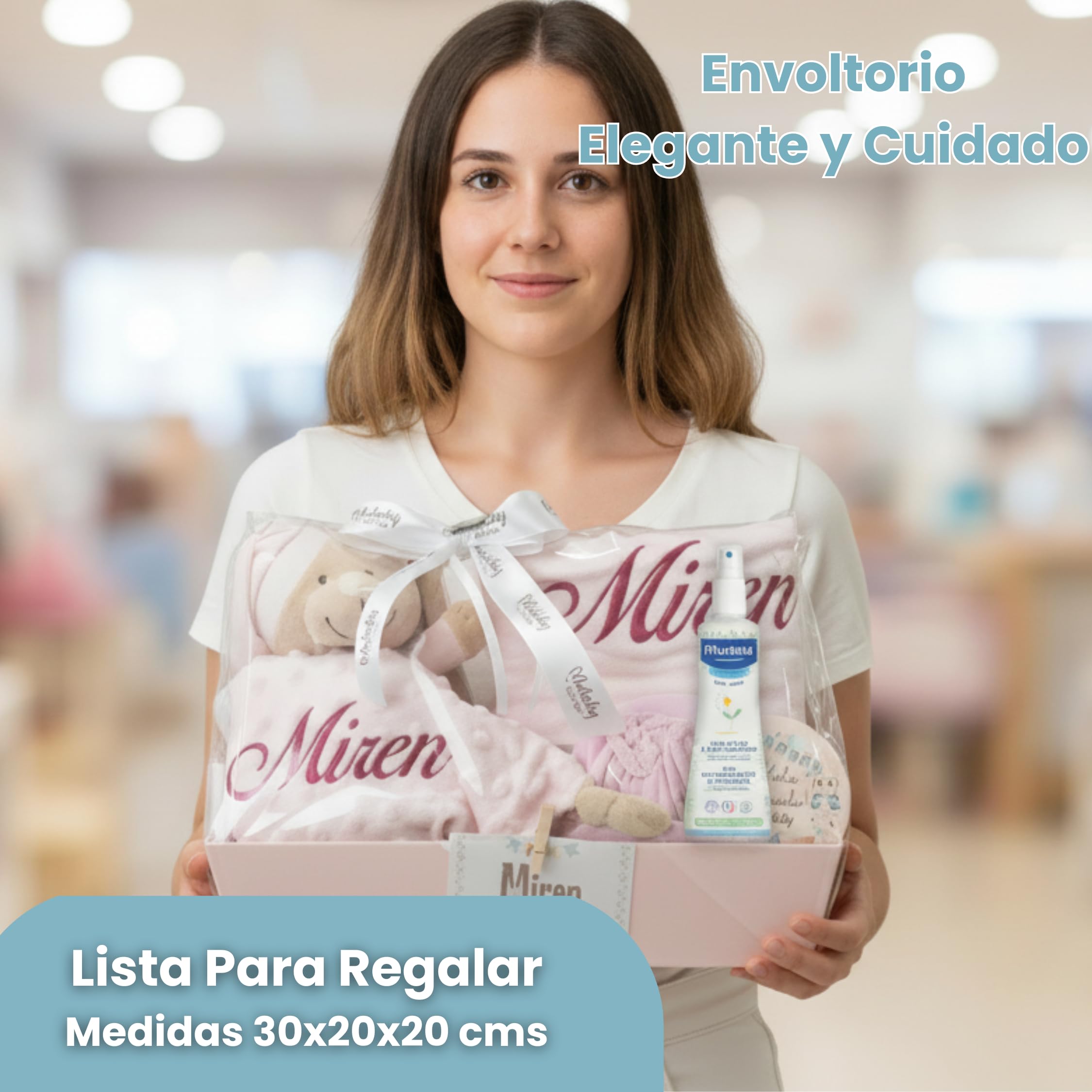 Cesta Bebé Recién Nacido Niña Velvet Deluxe (Rosa) | Canastilla con manta burbujas y Dou Dou bordados, set cosmético, primera puesta, pastel de pañales y marco del nombre