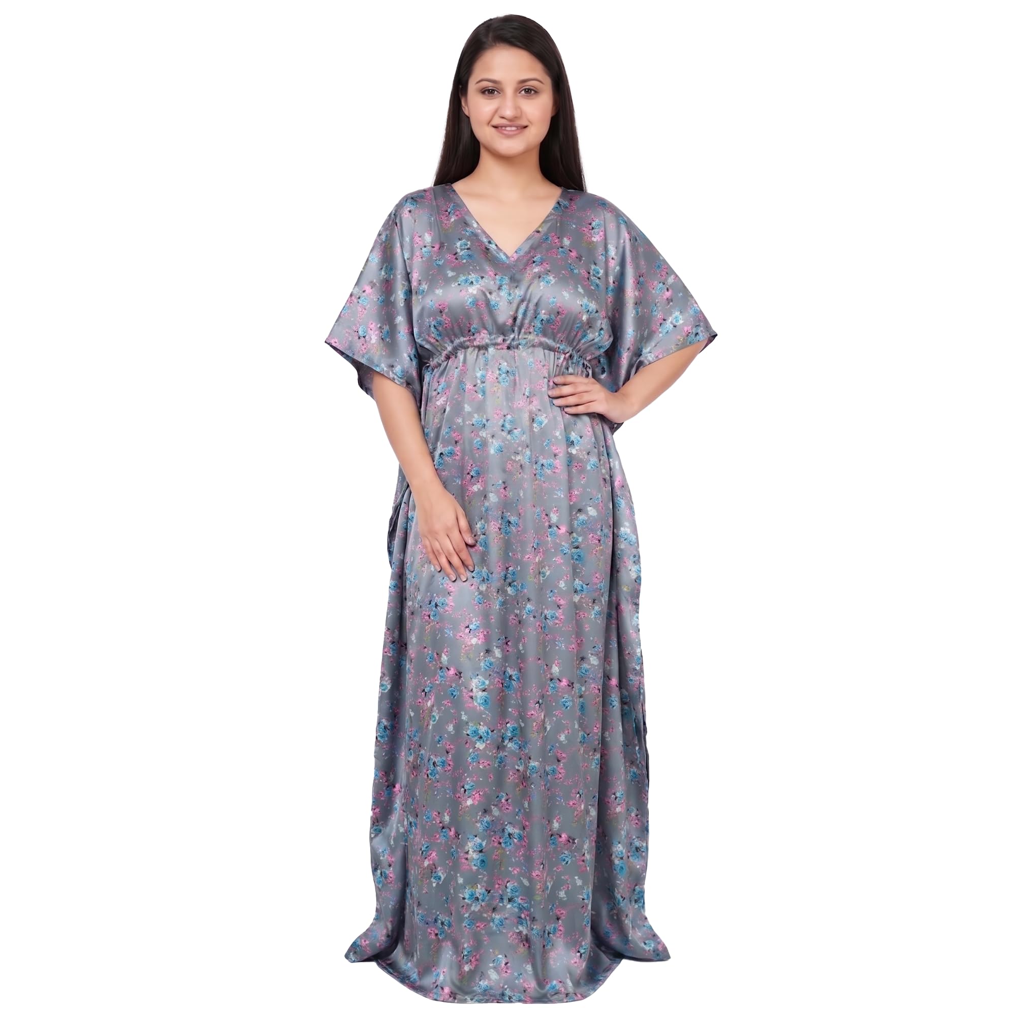 Satin Kaftan for Women, Grey Floral Print, V-Neck, Maxi Length, Tie Waist-picture-28