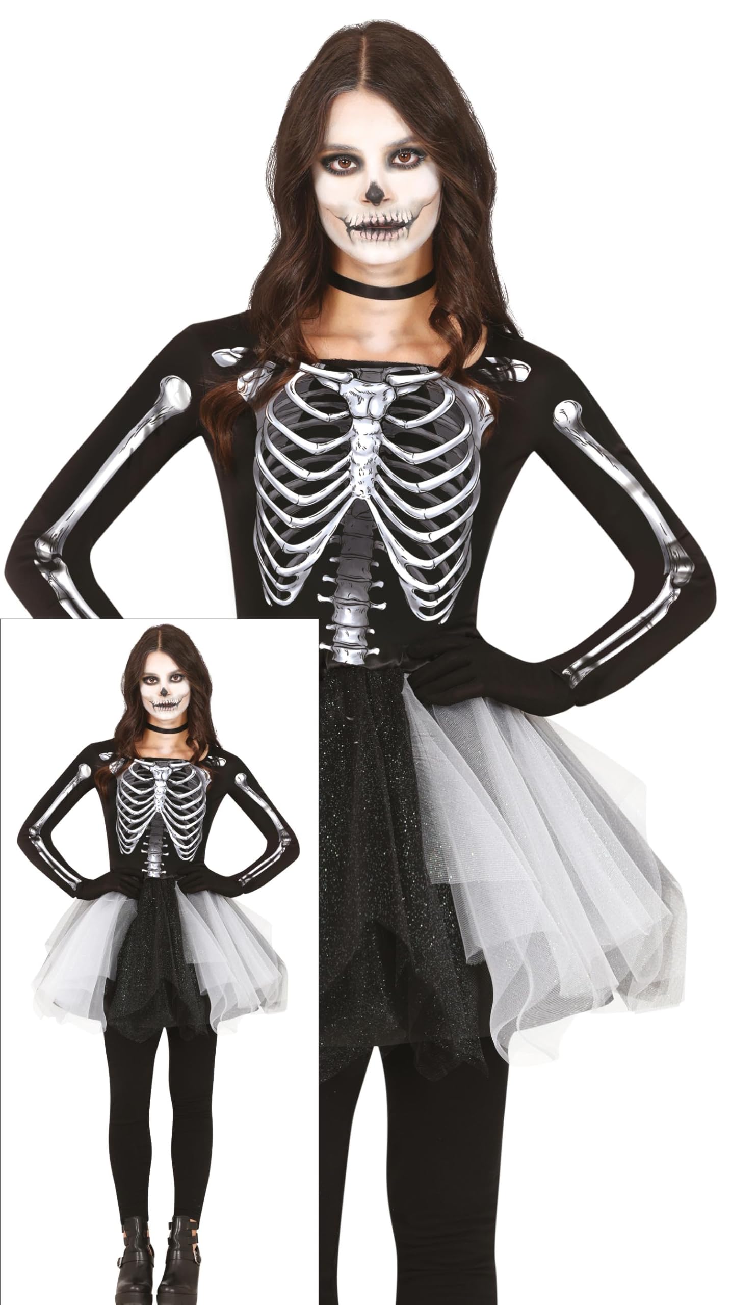 FIESTAS GUIRCA | Skeleton Fancy Dress Teen (14-16 years) - Dress - Halloween, Carnival and Fancy Dress Skeleton Costumes - Ideal for Teens - Black and White