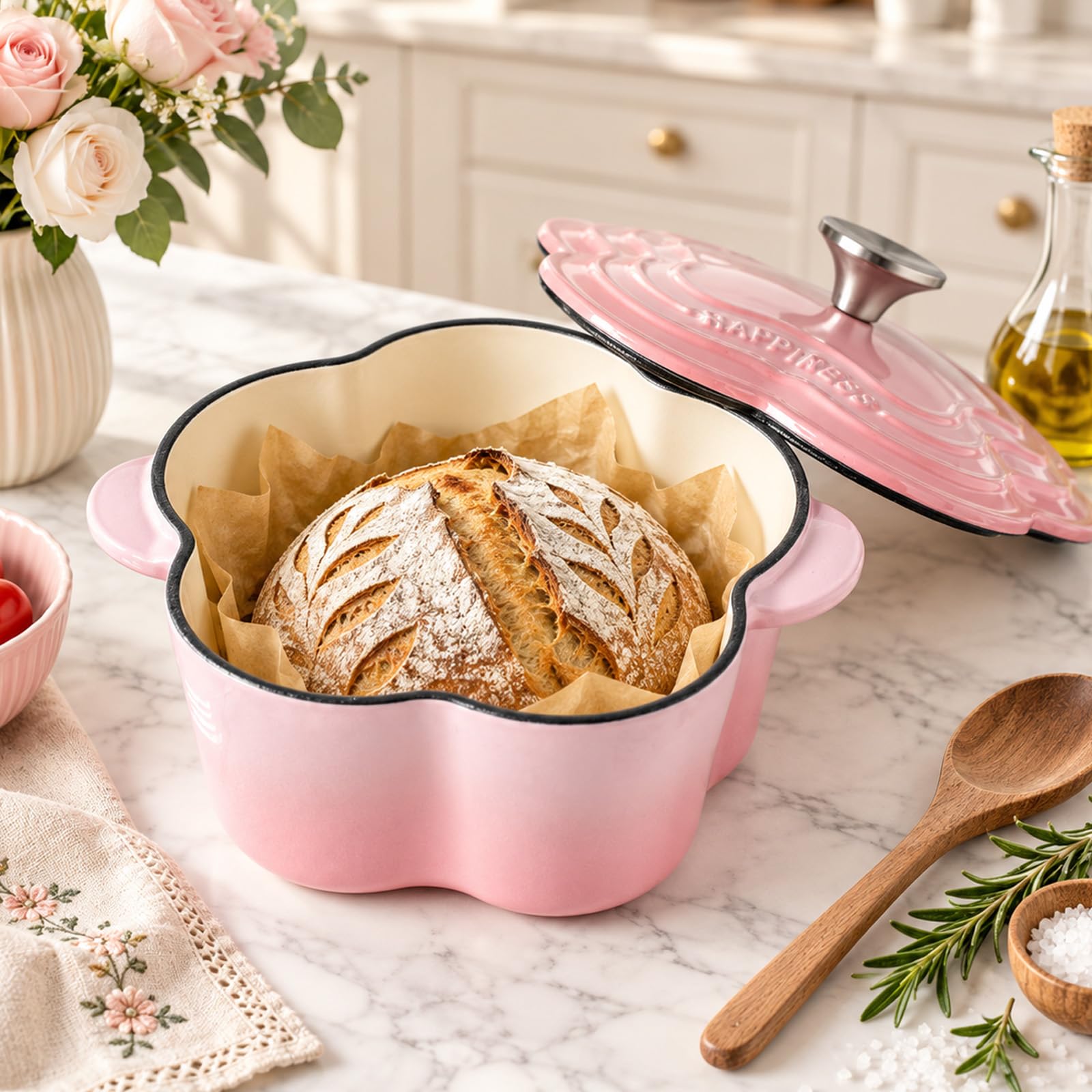 Cocotte à pain en fonte émaillée avec couvercle en forme de fleur pour induction et four, compatible avec différents types de plaques de cuisson, rose