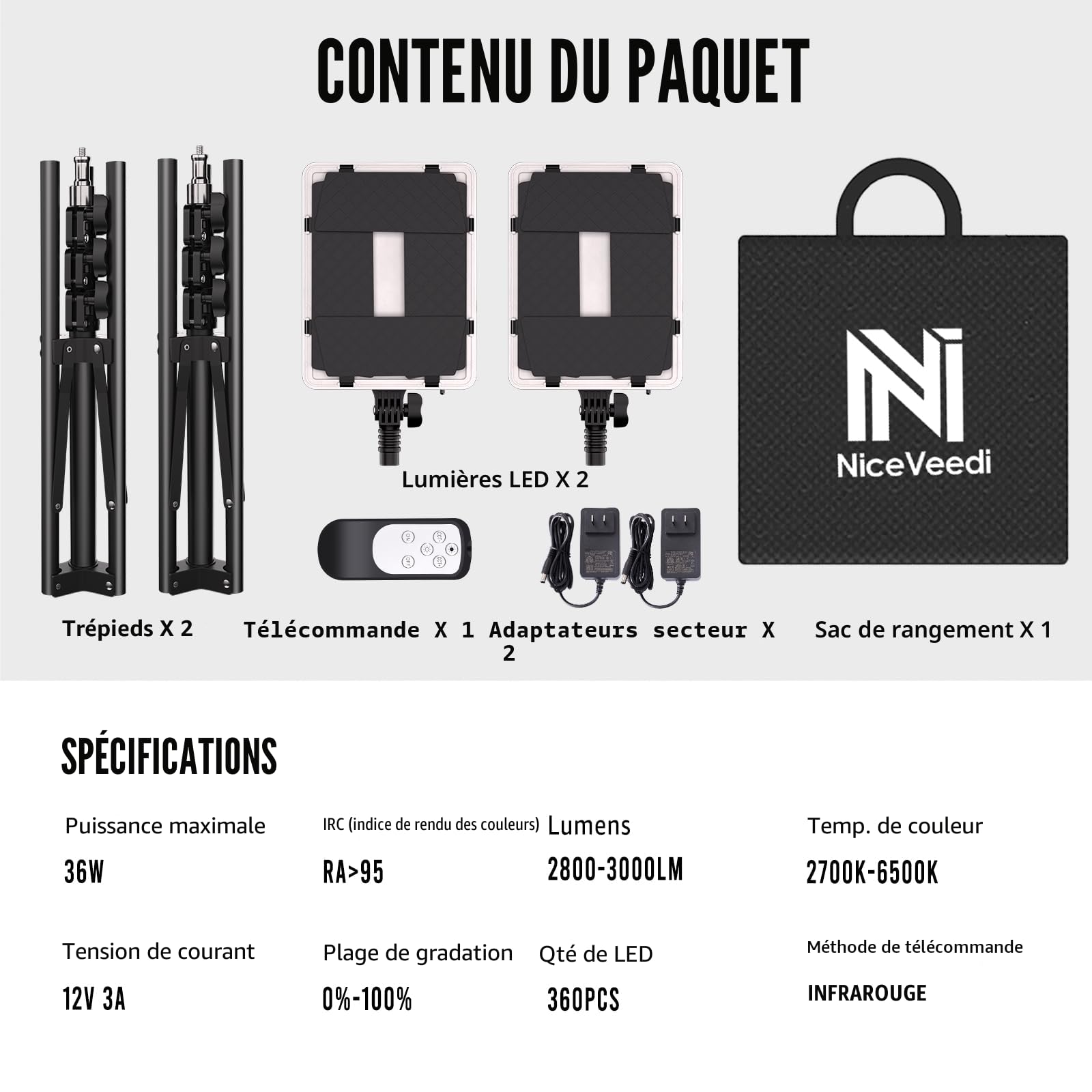 Niceveedi 2-Pack LED Panneau Lumière Photo, 27cm*21cm 36W Bicolores Eclairage Vidéo Lampe Kit 2700-6500K&CRI 95+ avec Prise de Charge pour Vidéo/Jeu Streaming/Caméra Portrait/Youtube