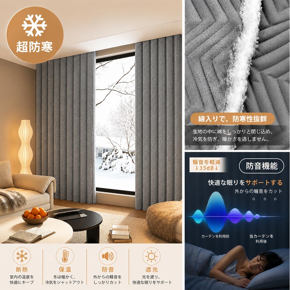 暑さ寒さをカット保温力抜群な厚手の遮光ドレープカーテン（１枚）２枚25,000円 Amazon｜[2026年最新型]SXYITE カーテン 遮光 防寒 防音 冬用 耐寒性と