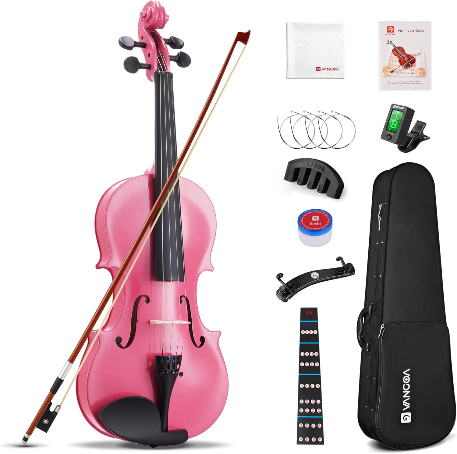 Vangoa 1/4 Violin Set for Kids, Pink Acoustic Violin Fiddle for Kids Beginners Violin Starter Kit with Hard Case, Rosin, Shoulder Rest, Bow, Extra Strings, Mute 1/4 Pink