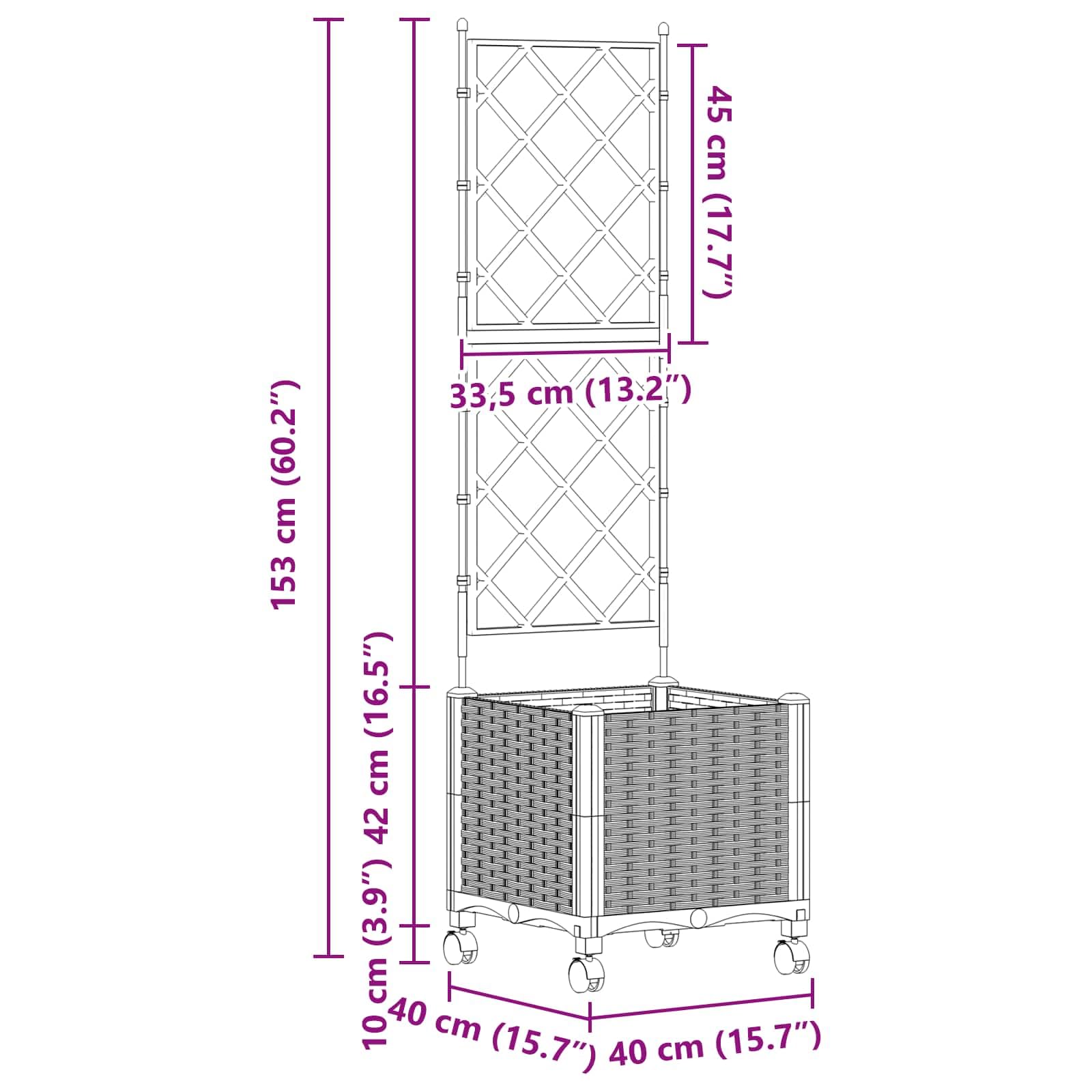 vidaXL Vaso da giardino con grigliato e ruote Marrone 40 x 40 x 149 cm