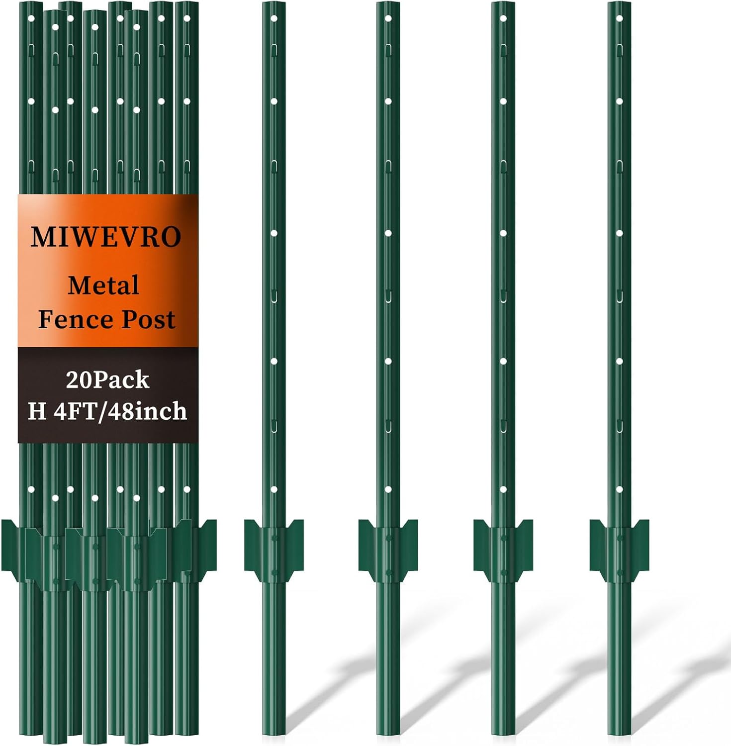 20 Pack Garden Fence Post, 4 Feet Heavy Duty Metal U-Post for Wire Fence, No Dig Garden Fence Stakes for Temporary Fencing, Electric Fence Wire, Corner Anchor, and More-Green 4FT-20PCS Green