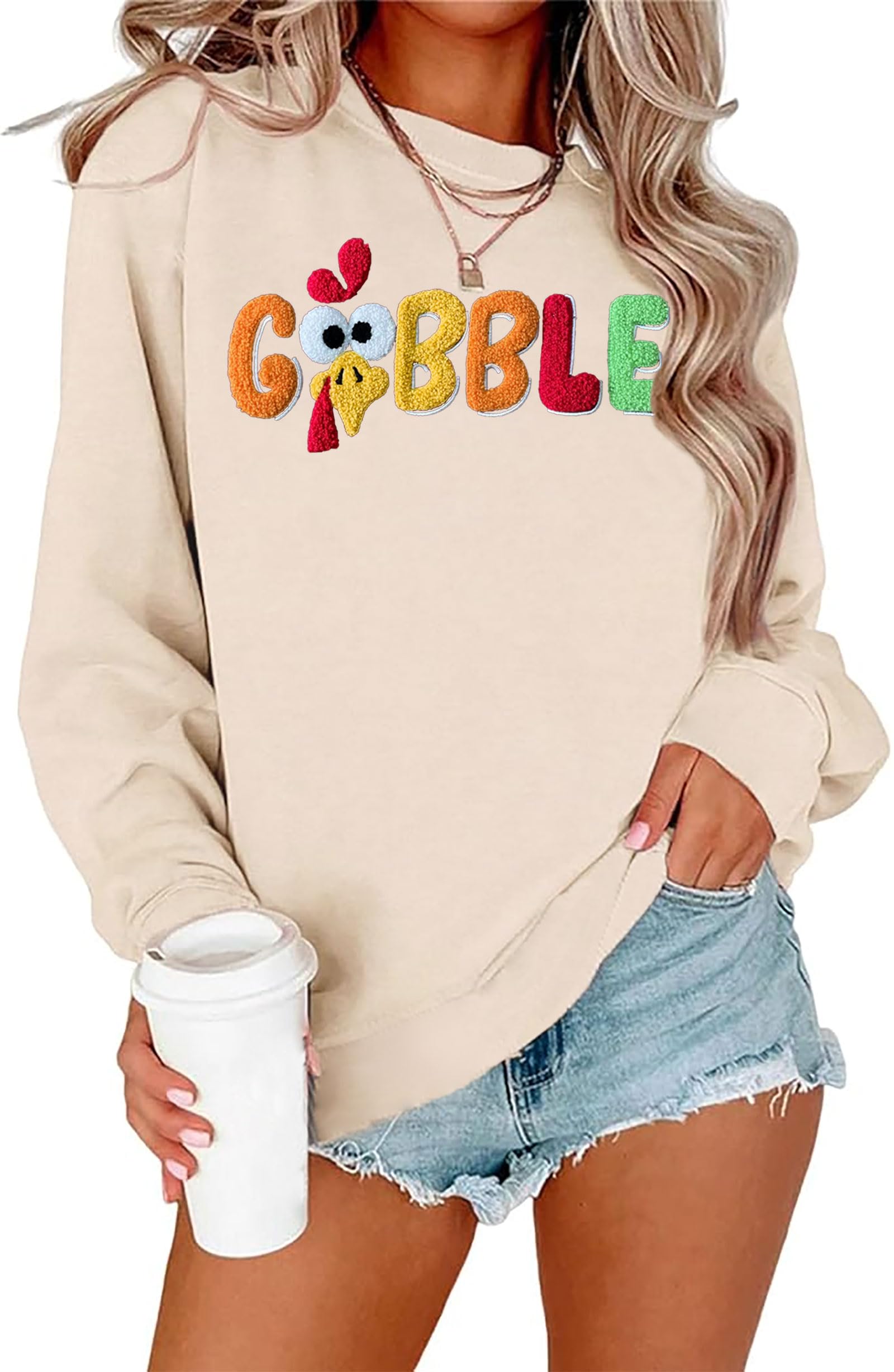Thanksgiving Sweatshirt Women Gobble Turkey Graphic Embroidered Pullover Chenille Patch Long Sleeve Fall Top-image-38