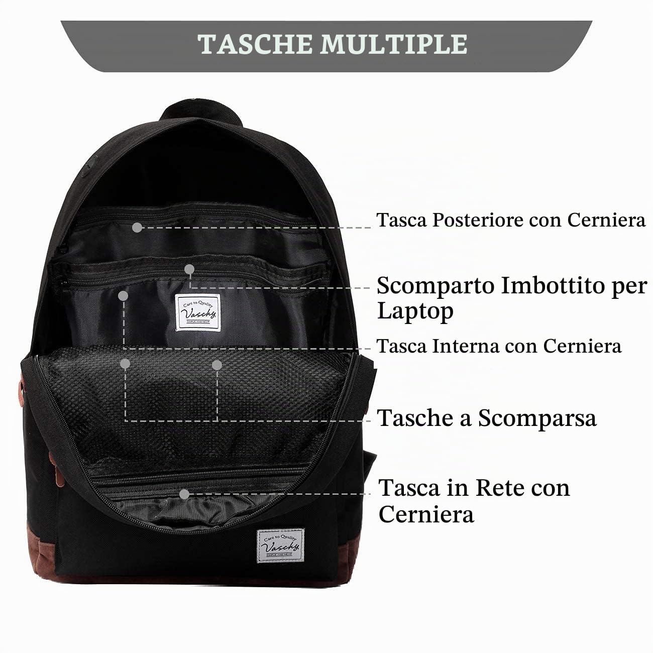 VASCHY - Zaino per la scuola, per computer portatile, per il tempo libero