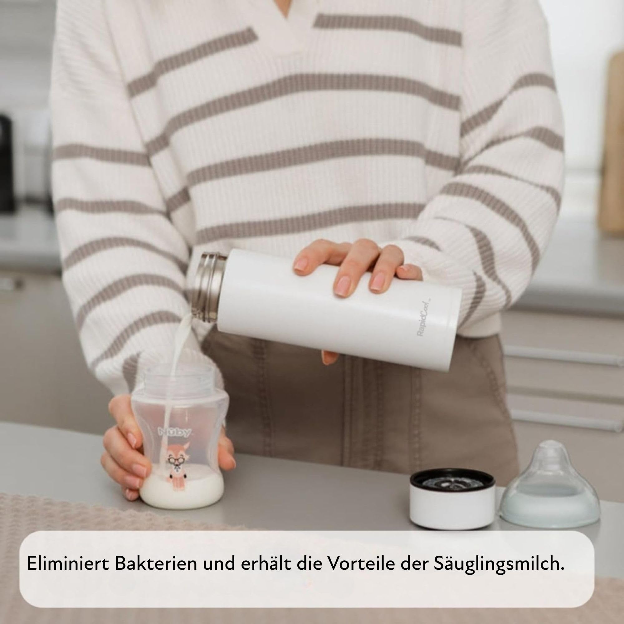 Nuby - RapidCool™ - Hilfe zur Zubereitung von die perfekte Säuglingsnahrung in nur 2 minuten - Für Babys - Unterwegs - Inklusive Milchpulverspender und digitalem Deckel - Weiß - 0+ Monate