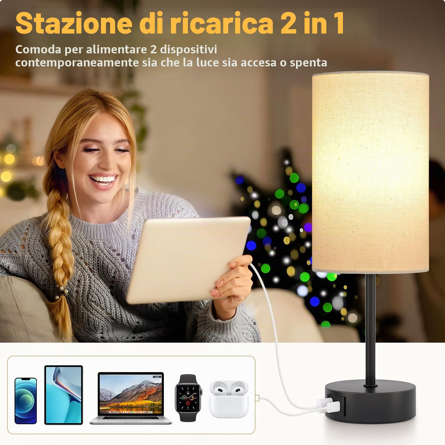 Lampada da Comodino Dimmerabile al Tocco, Lampada da Tavolo con Porte di Ricarica USB A+C, Paralume in Lino, Abat Jour da Comodino per Camera da Letto, Soggiorno, Cameretta per Bambini
