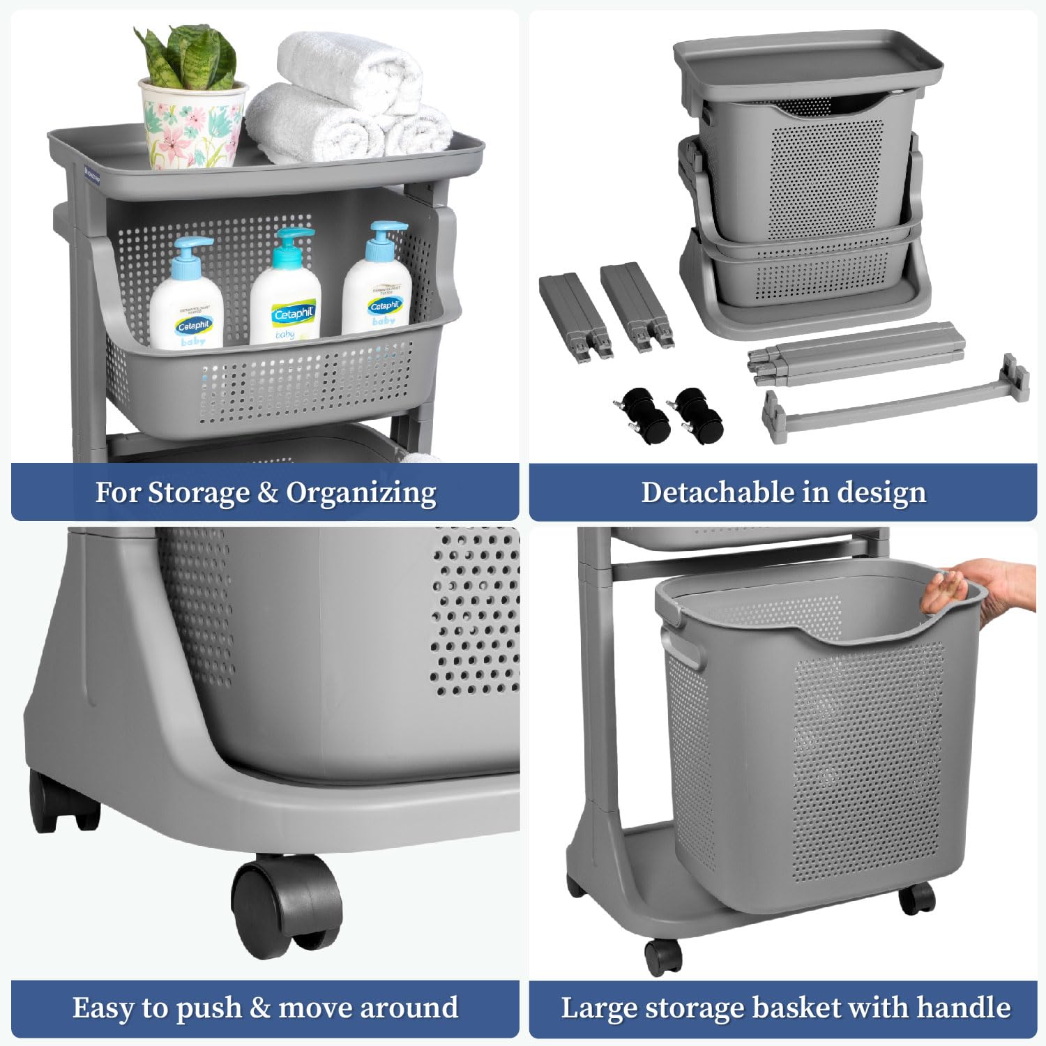 HomeStrap Laundry Magic Mover /3 Layer Laundry Basket with Wheels/Storage Basket/Household Kitchen Shelf (Grey) Plastic 1