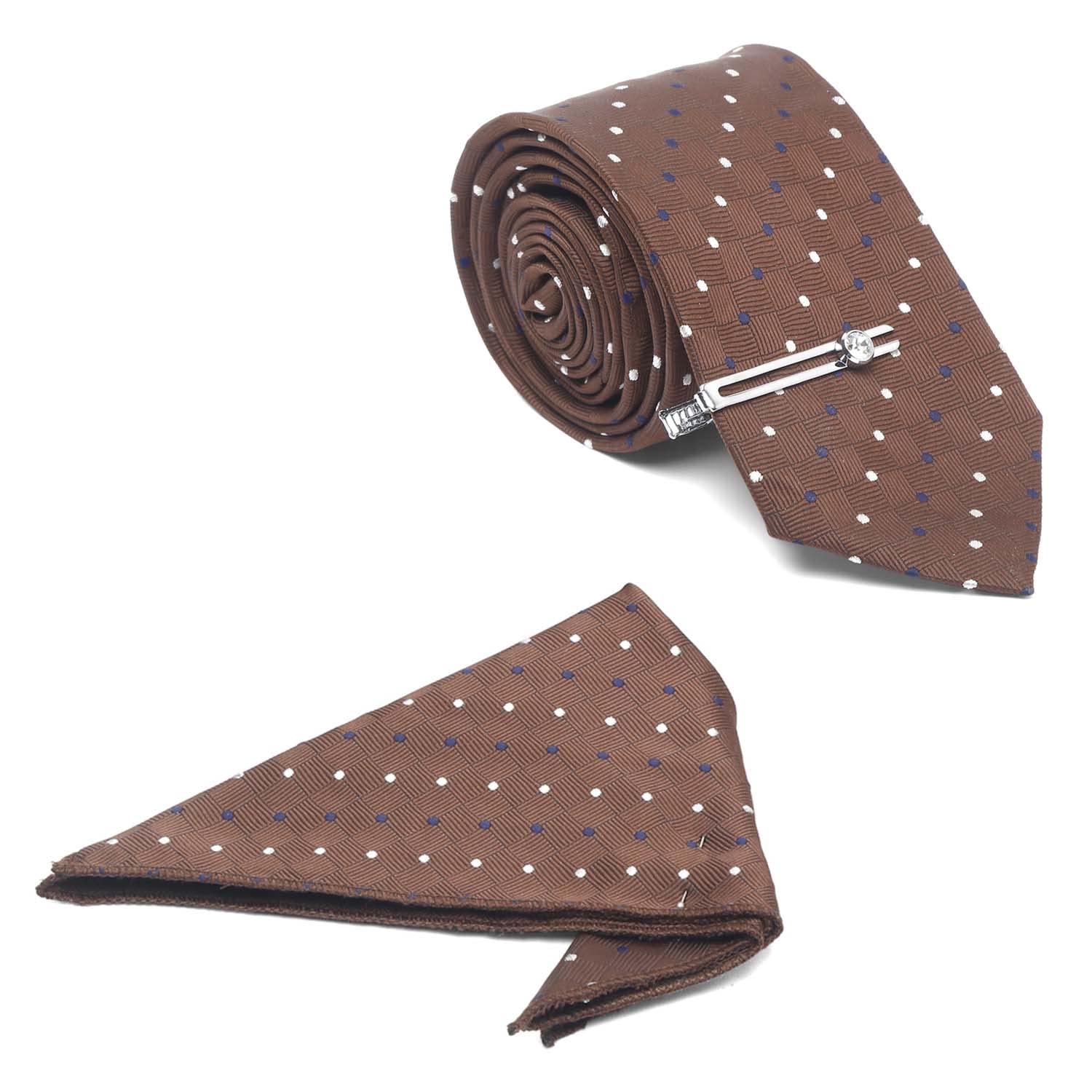 Mens Brown Polka Italian Silk Necktie Set With Pocket Square Tie Chrome Tiepin (Suit Accessories) (Britain)-image-47