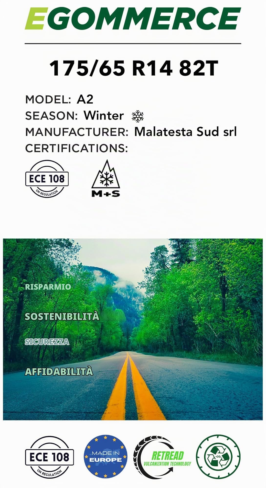 EGOMMERCE - Pneumatico Auto A2 175/65 R14 82 T Invernale Termico Certificato M+S - Pneumatici Automobile - Gomme per Auto Made in Italy ed Ecofriendly - Garanzia 2 Anni