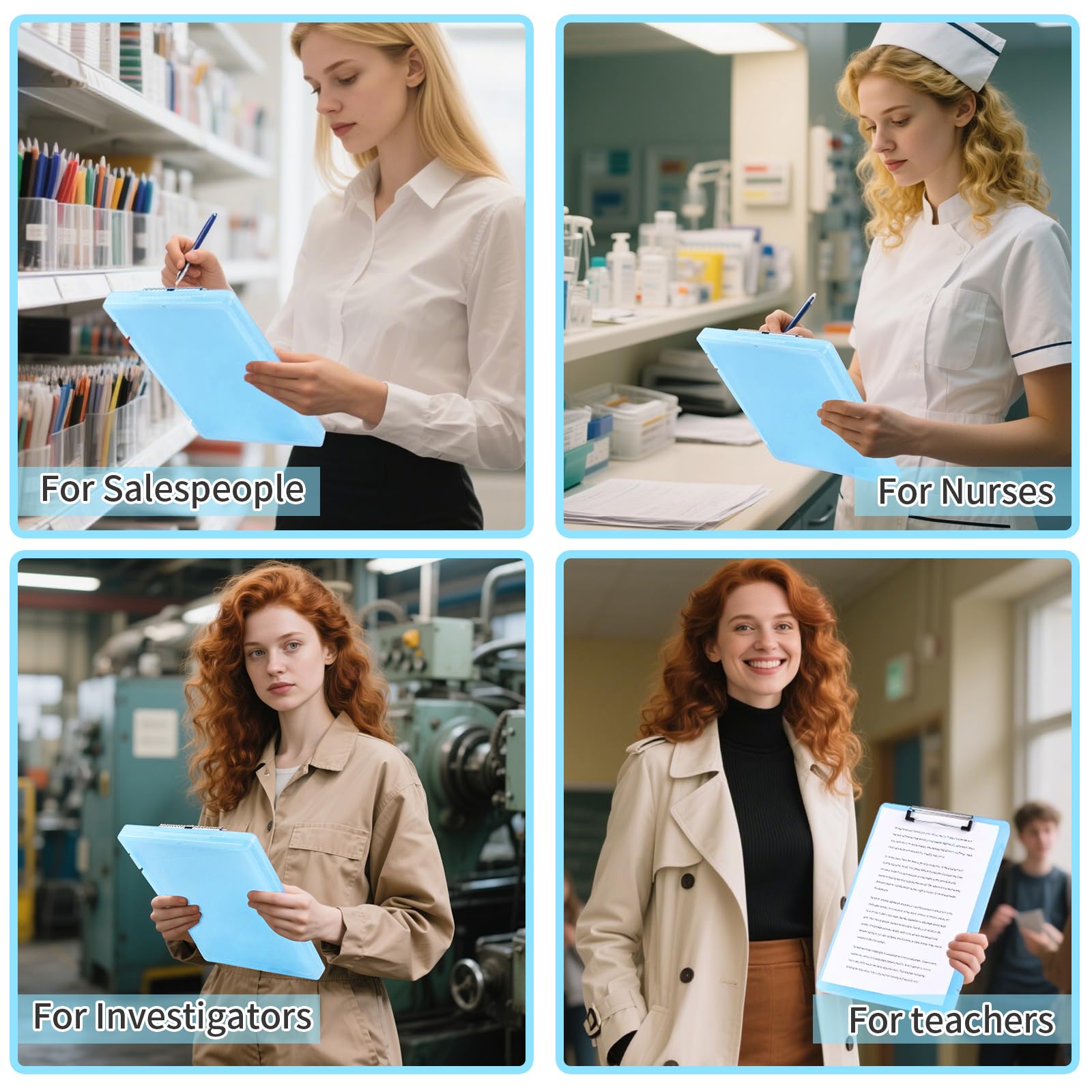 Portablocco con contenitore, portablocco in plastica blu trasparente con apertura laterale, impermeabile, pieghevole, resistente, per scuola e ufficio, formato lettera, formato A4, con adesivi