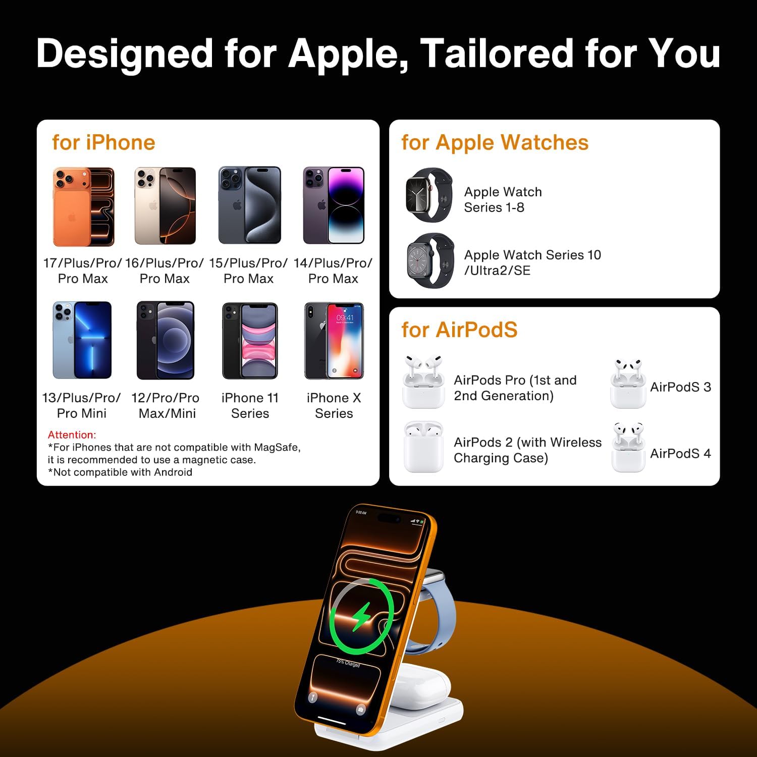 iVANKY 3 in 1 Foldable Magnetic Wireless Charging Station, 15W Fast Charger Stand for MagSafe, Travel Charger for iPhone 17 16 15 Pro Max, Apple Watch, AirPods, Compact & Portable, White(No Adapter)