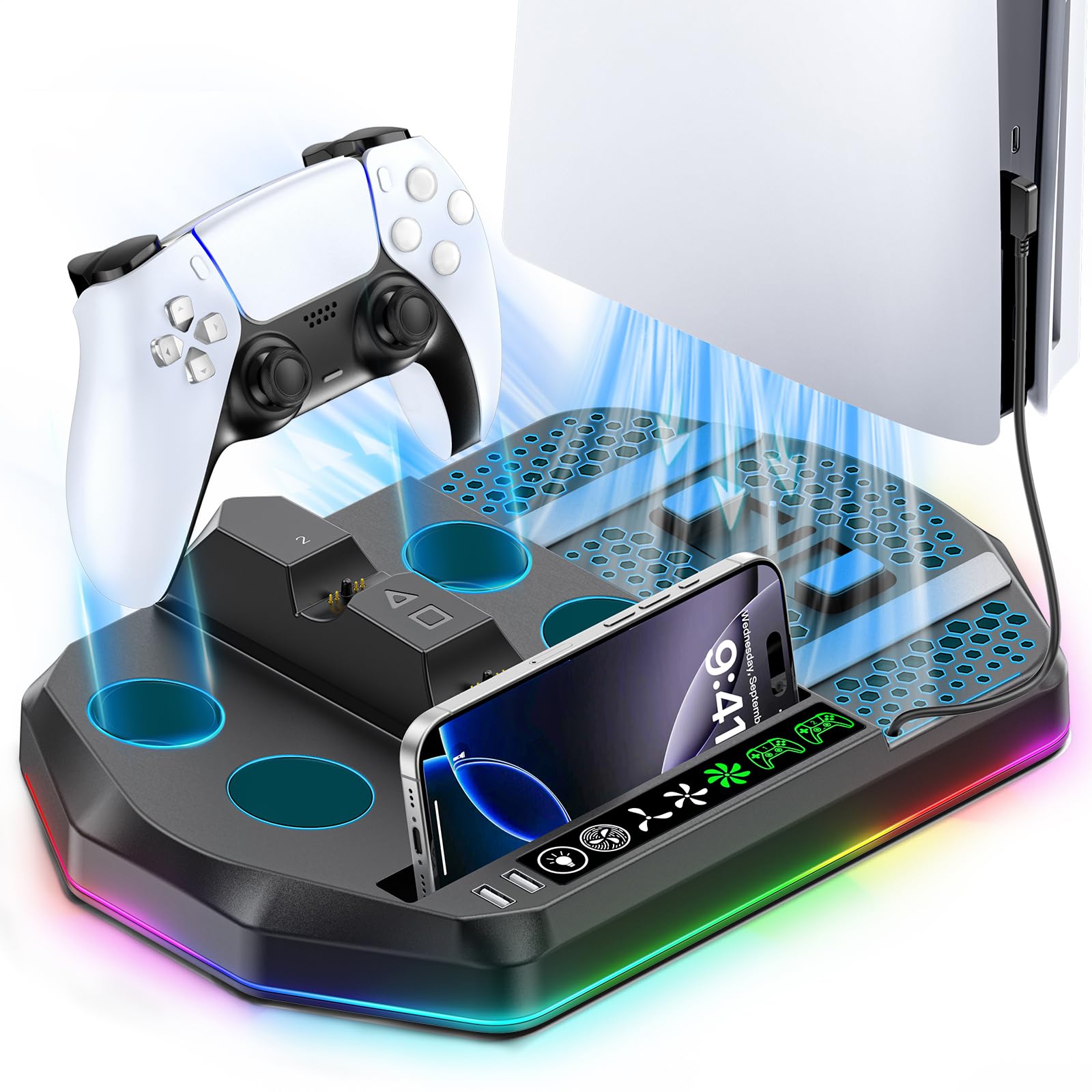 新型 PS5 縦置き 冷却 スタンド PS5 Pro/PS5 Slim/PS5対応 3段階風速調整可能 コントローラー充電 置くだけ充電可能 多機能収納 放熱対策 LED指示ランプ付 RGBライト付 プレステ5 スリム 周辺機器 ブラック