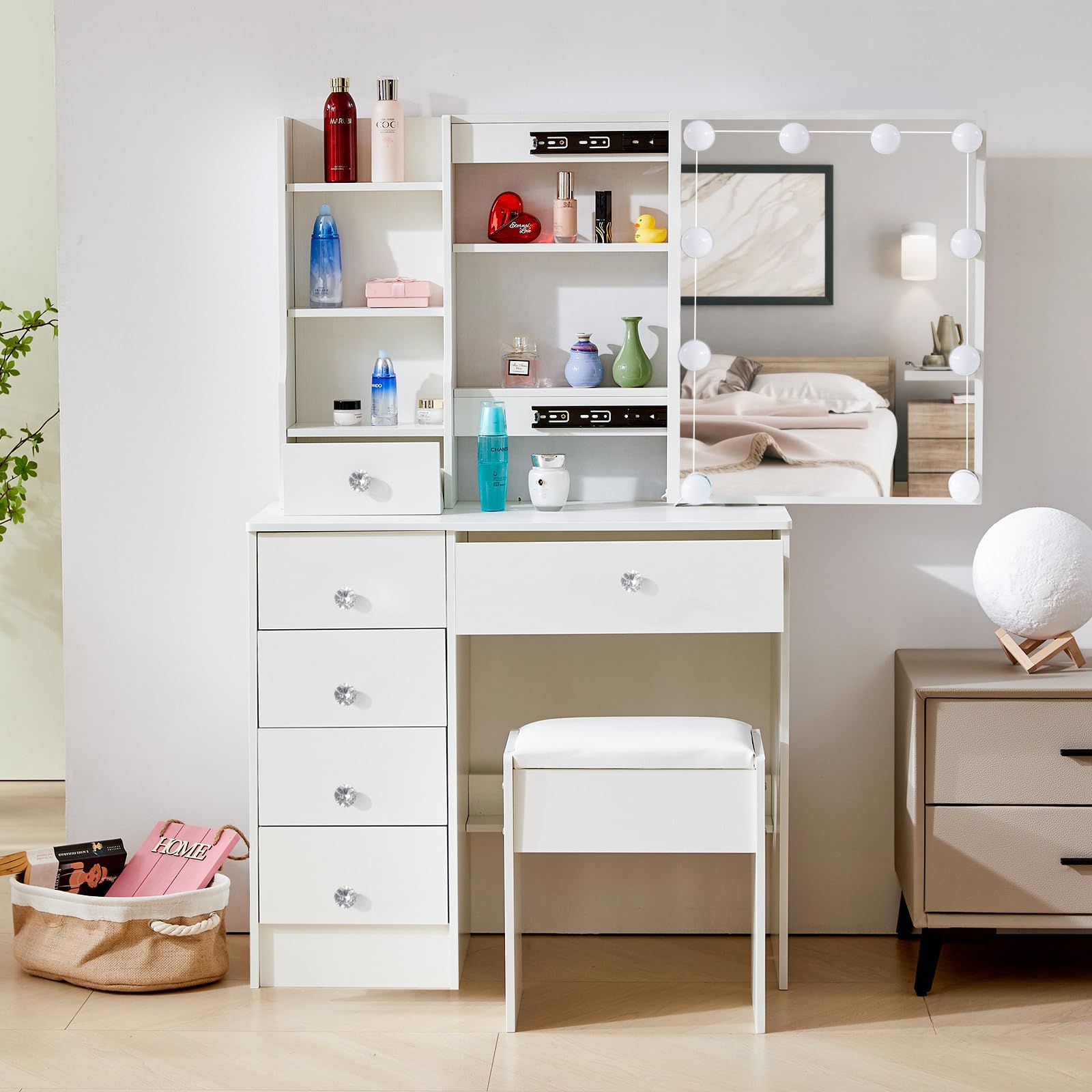 Buildonely Dressing Table with Lighting, Dressing Table with Stool for Make-Up, Cosmetic Table with Mirror and Light, 3 Colour Temperatures and Adjustable Brightness, W3139719, 36 x 80 x 131 cm