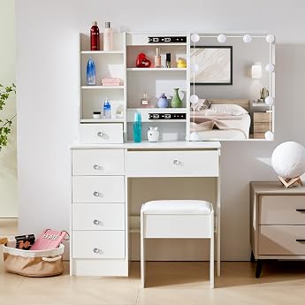 ZLS31391749 Dressing Table with Stool with Mirror and Lighting for Make-Up 3 Colour Temperatures and Adjustable Brightness 6 Drawers Modern ZLS31391749