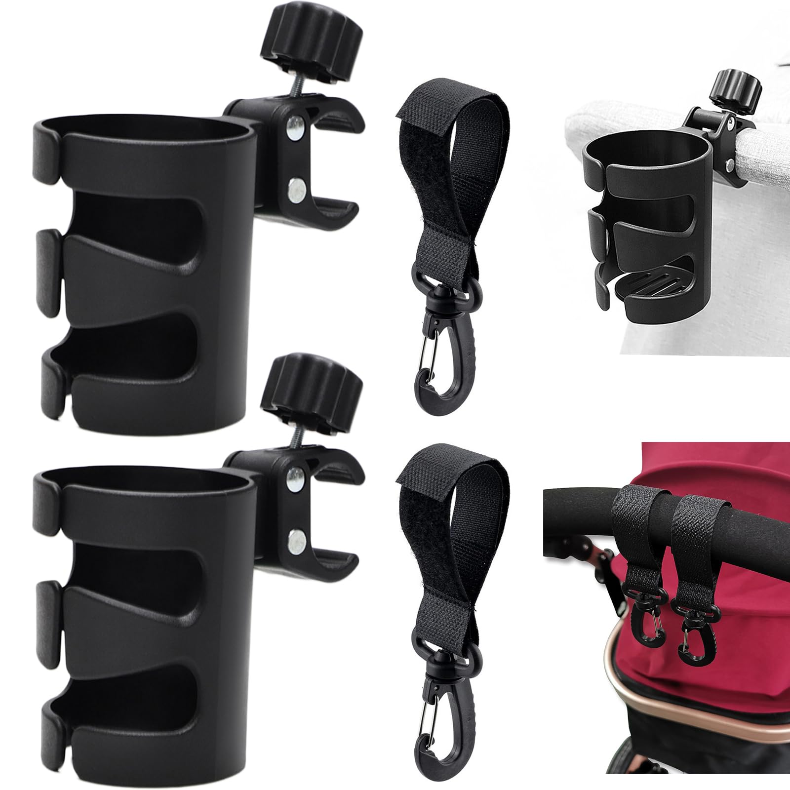 Gsrhzd Getränkehalter Kinderwagen, 2 Stück Universal Schwarz Becherhalter Kinderwagen mit 2 Haken, für Babyfläschchen kaffeebecher Wasserflaschen