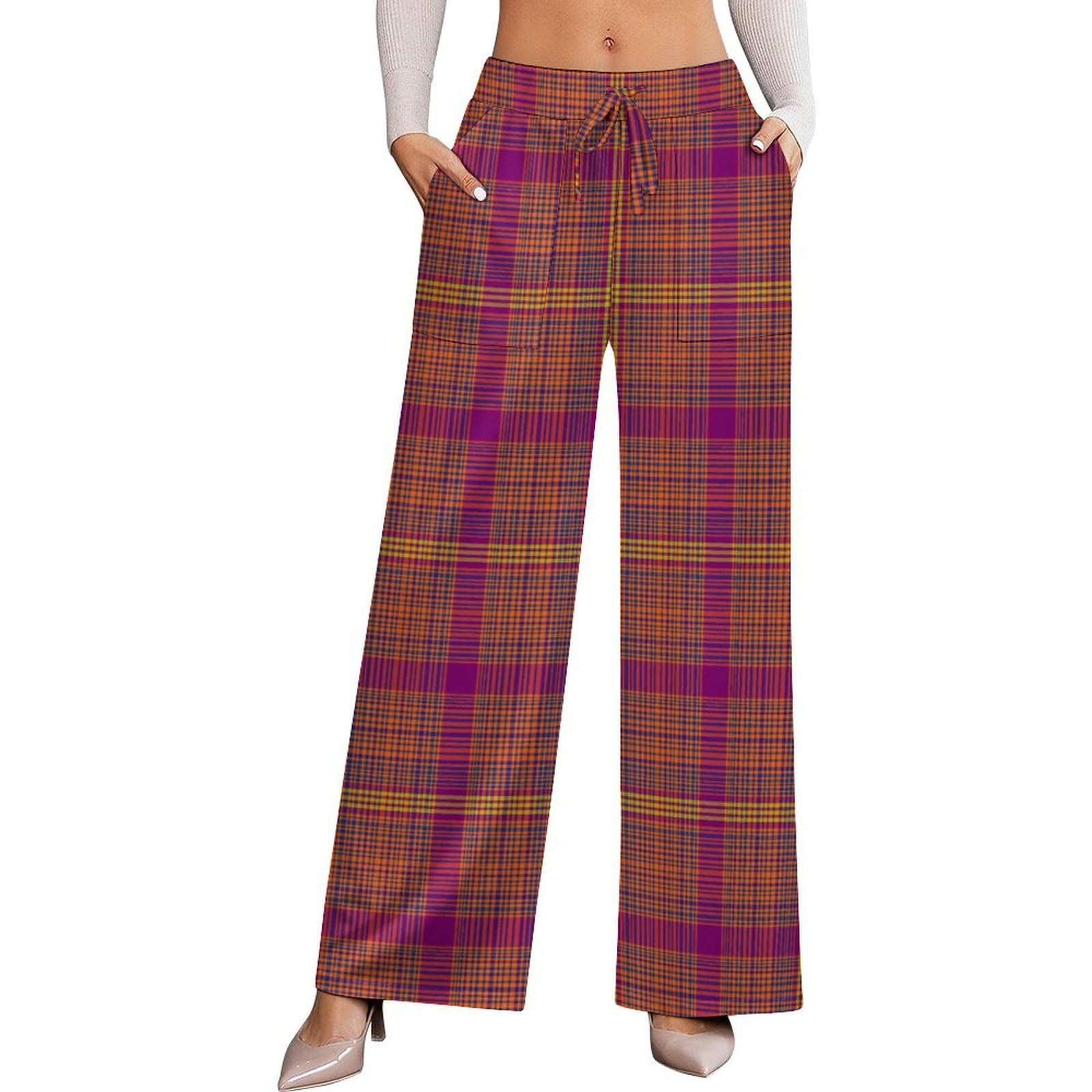 Wide Leg Pants for Women Cotton - Retro Burgundy Plaid Print Ladies Casual High Waisted Slacks Palazzo Pants