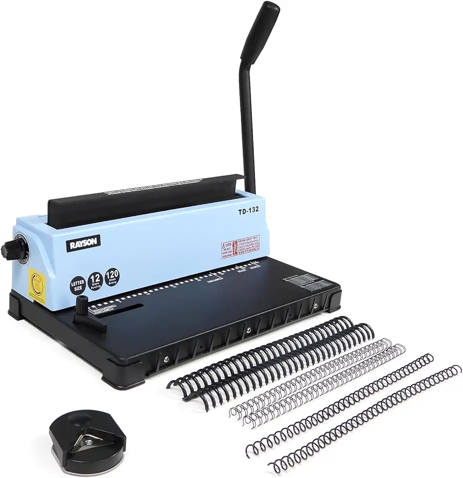 Rayson TD-132 Wire Binding Machine, 32-Hole Spiral Coil Binder, 3:1 Pitch, Punches 12 Sheets, Binds up to 120 Sheets, Sturdy Metal Construction