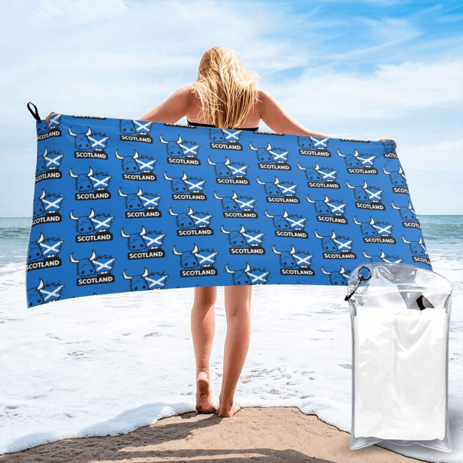 FHIZOAL Scottish Flag And Highland Cattle Quick Dry Towel Microfibre Towel Super Absorbent Ultra Compact Gym Sports Beach Camping Travel