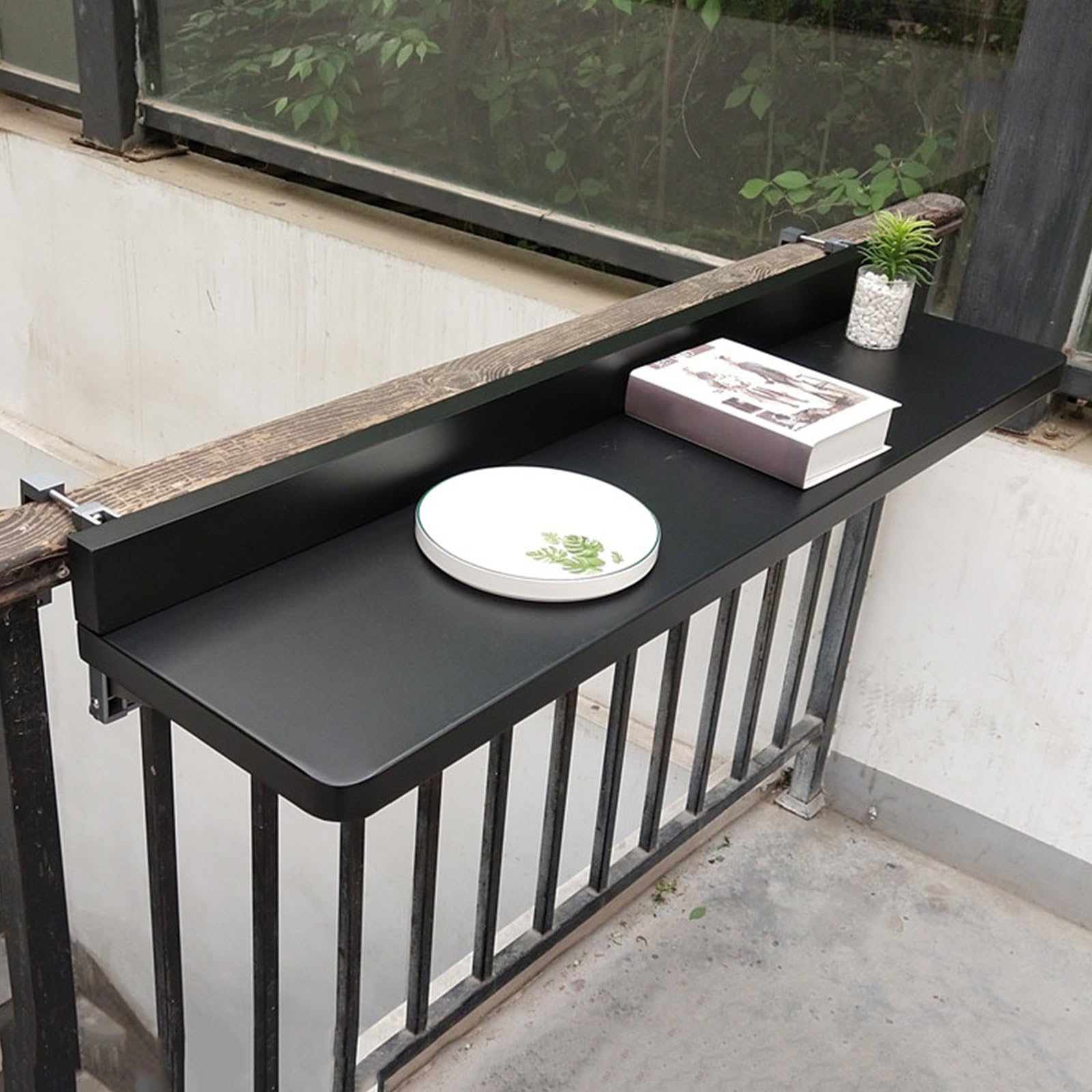 Składany Stół Balkonowy z Regulacją Wysokości, Wiszący Stół Balkonowy Bez Wiercenia, Półka na Balustradę Zewnętrzną na Patio, Taras, Balkon(Black)