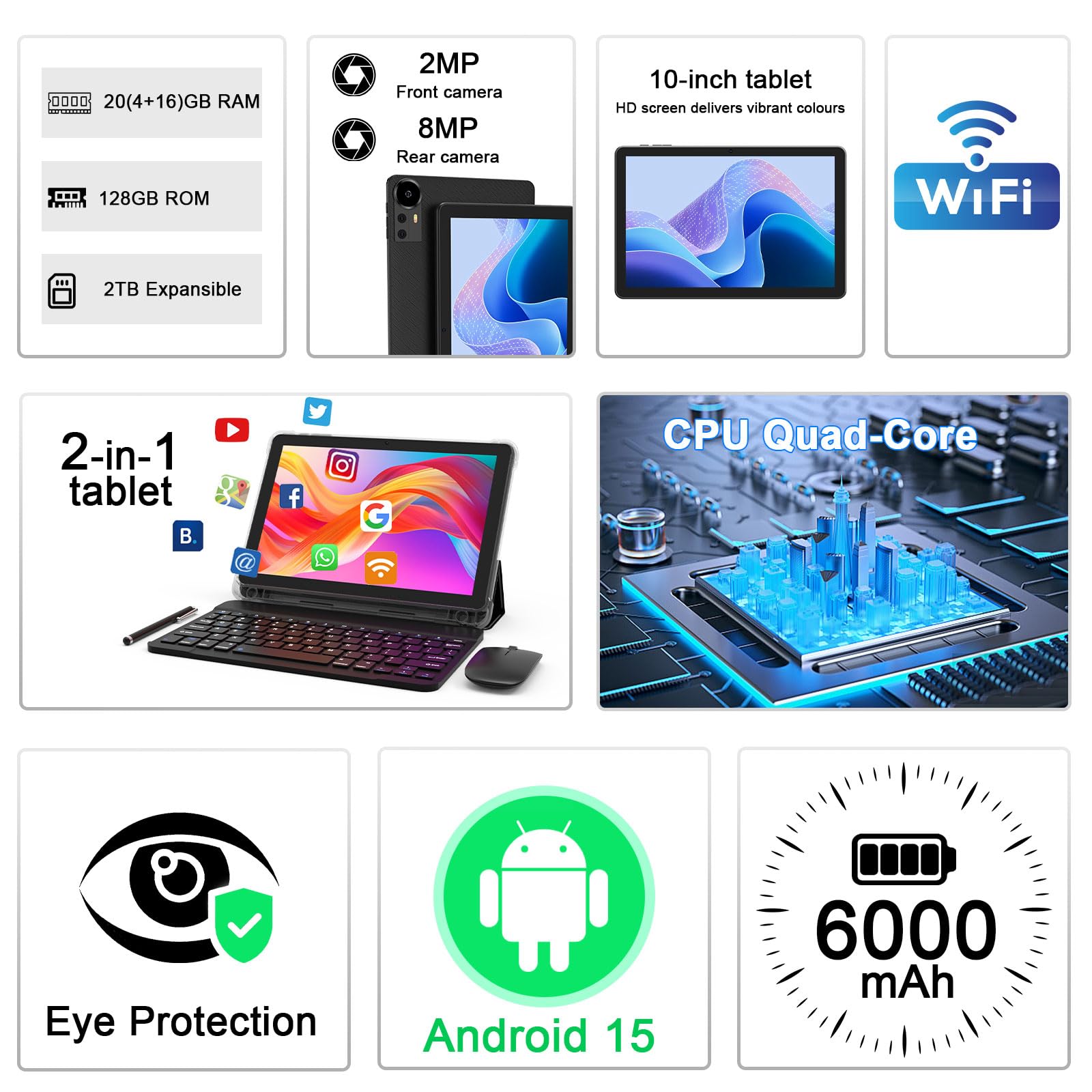 Android 15 Tablet 10 Inch, 20GB RAM+128GB ROM/2TB Expandable, 2 in 1 Tablets with Keyboard Case Mouse Stylus, 2.0GHz Quad-core Processor, 1280*800 IPS HD Screen, 5G WiFi 6 BT 5.0, 8MP Camera Tablet PC