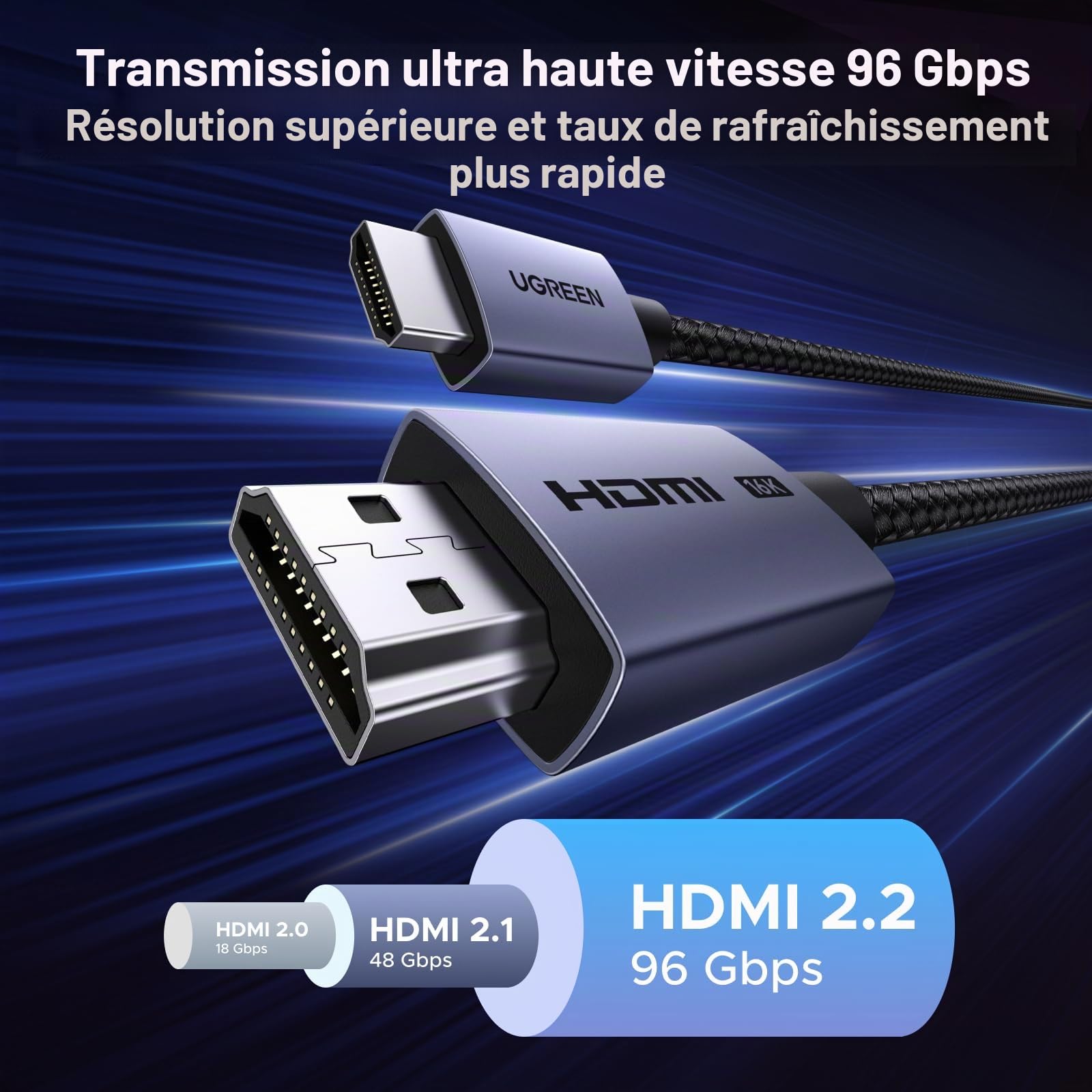 UGREEN 16K Câble HDMI 2.2 16K 60Hz 12K 8K 240Hz 96Gbps Ultra Haute Vitesse Cordon HDMI Aluminium LIP DynamicHDR Dolby Atmos HDCP Nylon Tressé Compatible avec PS5 4 Xbox MacBook Pro Blu Ray HDTV 2M
