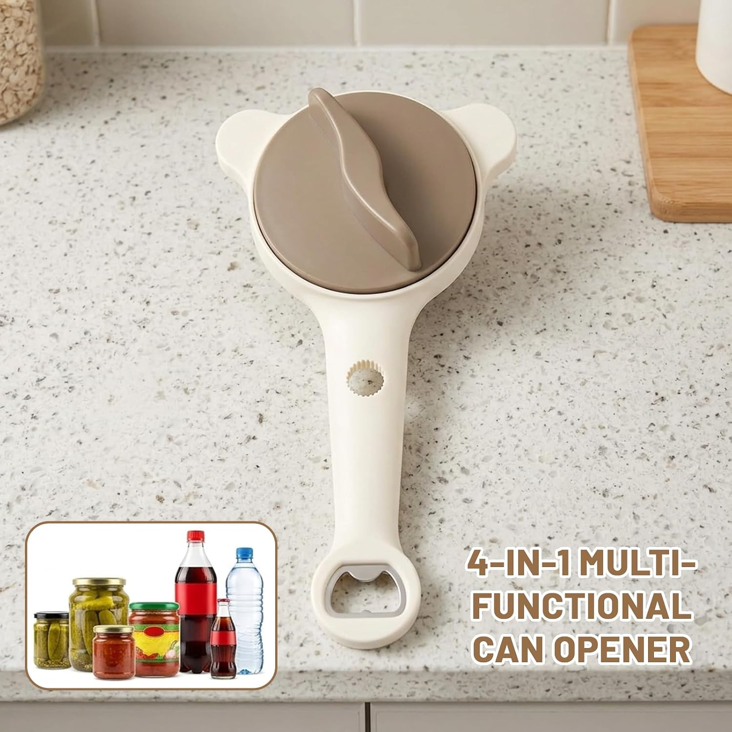 Jar Openers for Seniors, 4-in-1 Multi-Function Jar Opener with Adjustable Three-Prong Design, Stainless Steel Safety Clips for Tight Lids and Bottles, Ergonomic Grip for Home Kitchen Use