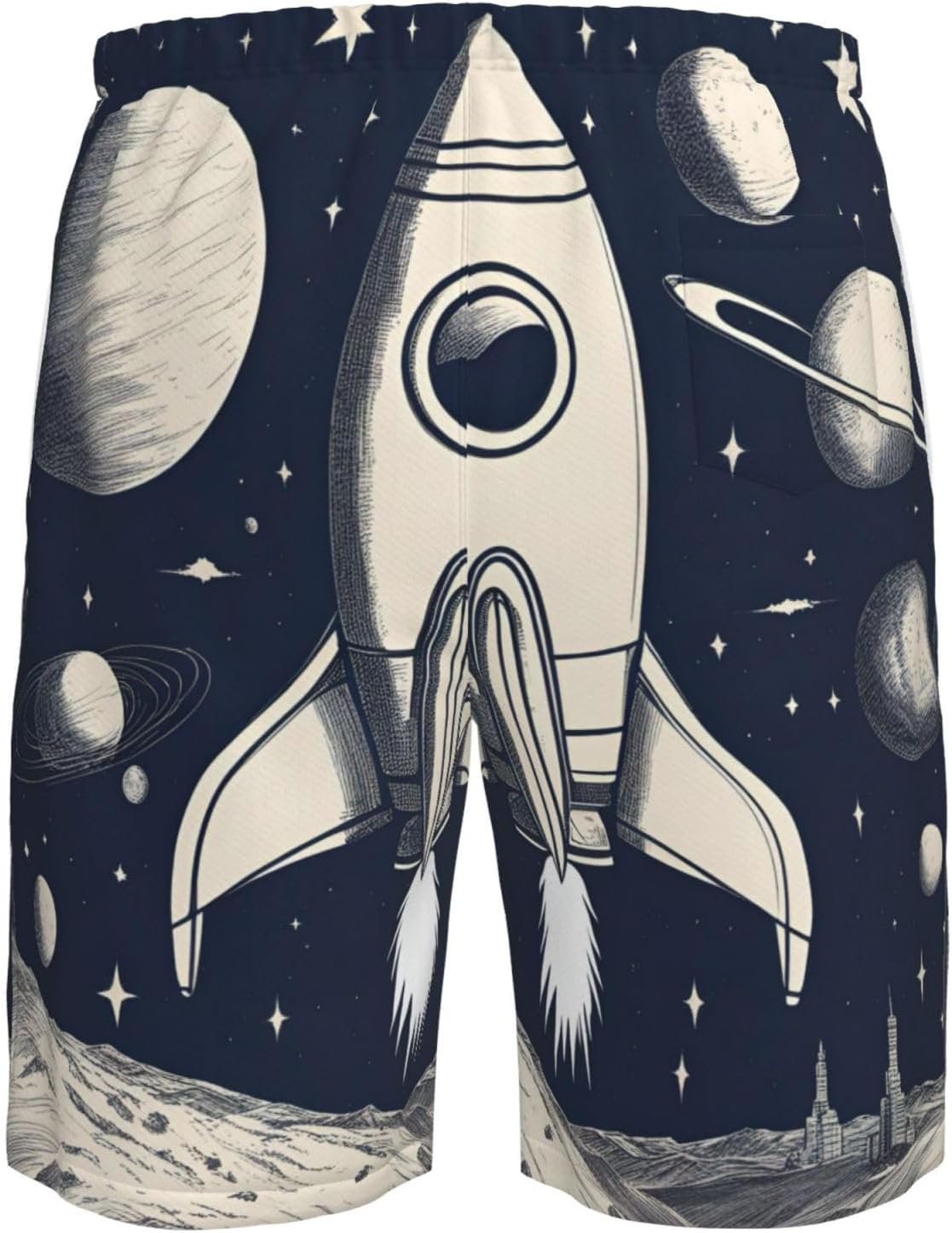 Mens Rocket in Space Print Beach Shorts,Casual Summer Shorts for Men,Quick Dry Polyester