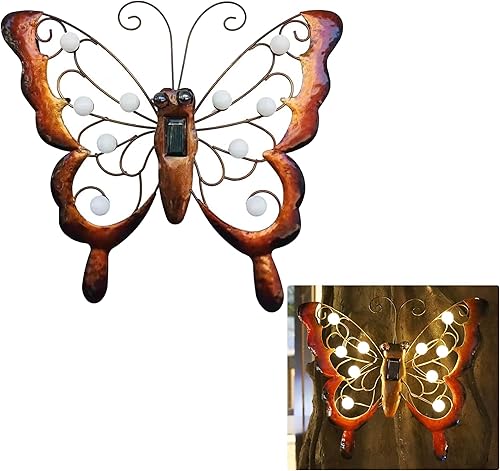 J-Fly Decoración de pared con luz solar de mariposa de metal, decoración colgante para patio, césped, balcón, patio, 13 x 14 pulgadas, grande