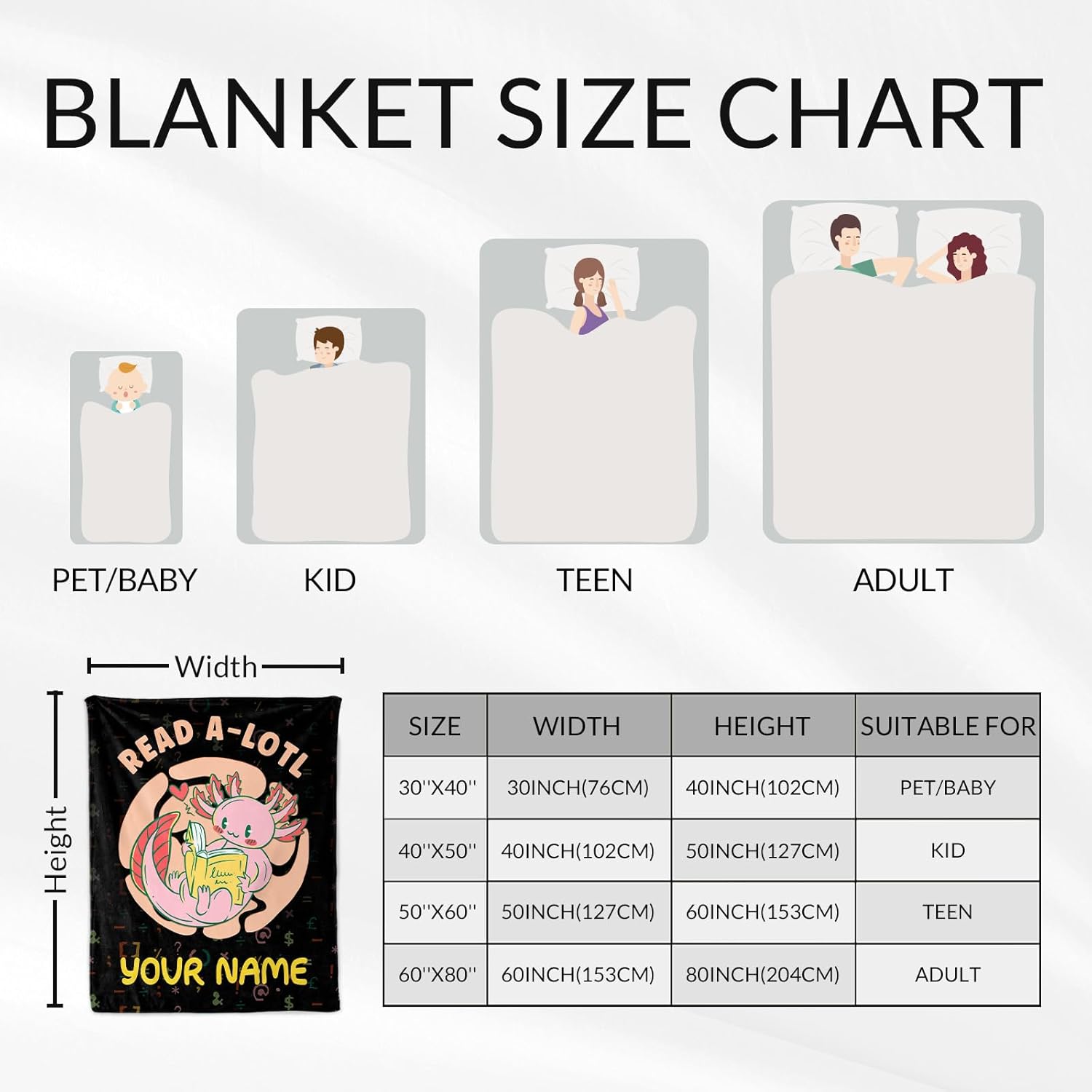 Personalized Axolotl Blanket Gifts for Kids - 40x50 Inches Crib Size - Soft Fuzzy Blankets - Black Cute Throws for Bed, Couch, Sofa